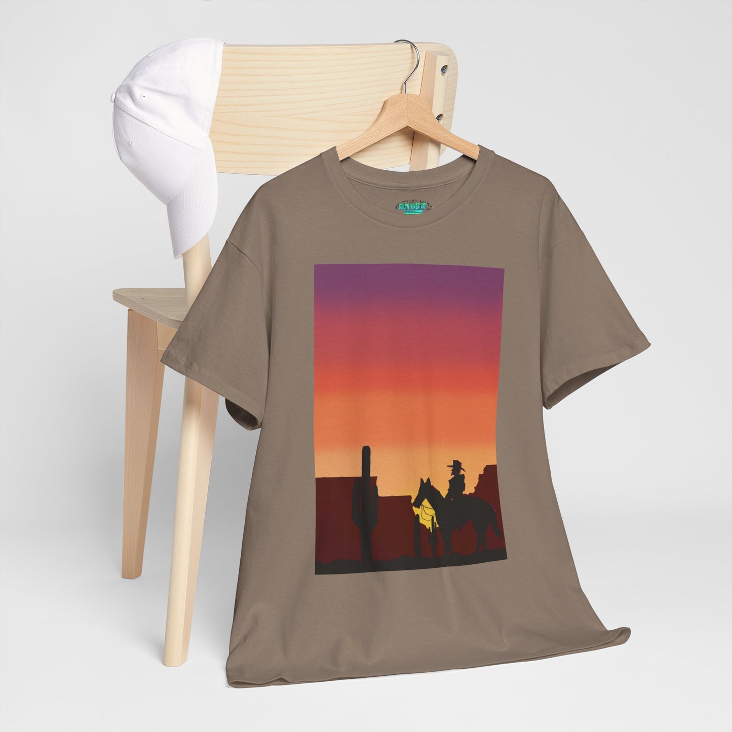 Sunset Cowboy Unisex Heavy Cotton Tee - Western Graphic Tee for Nature Lovers