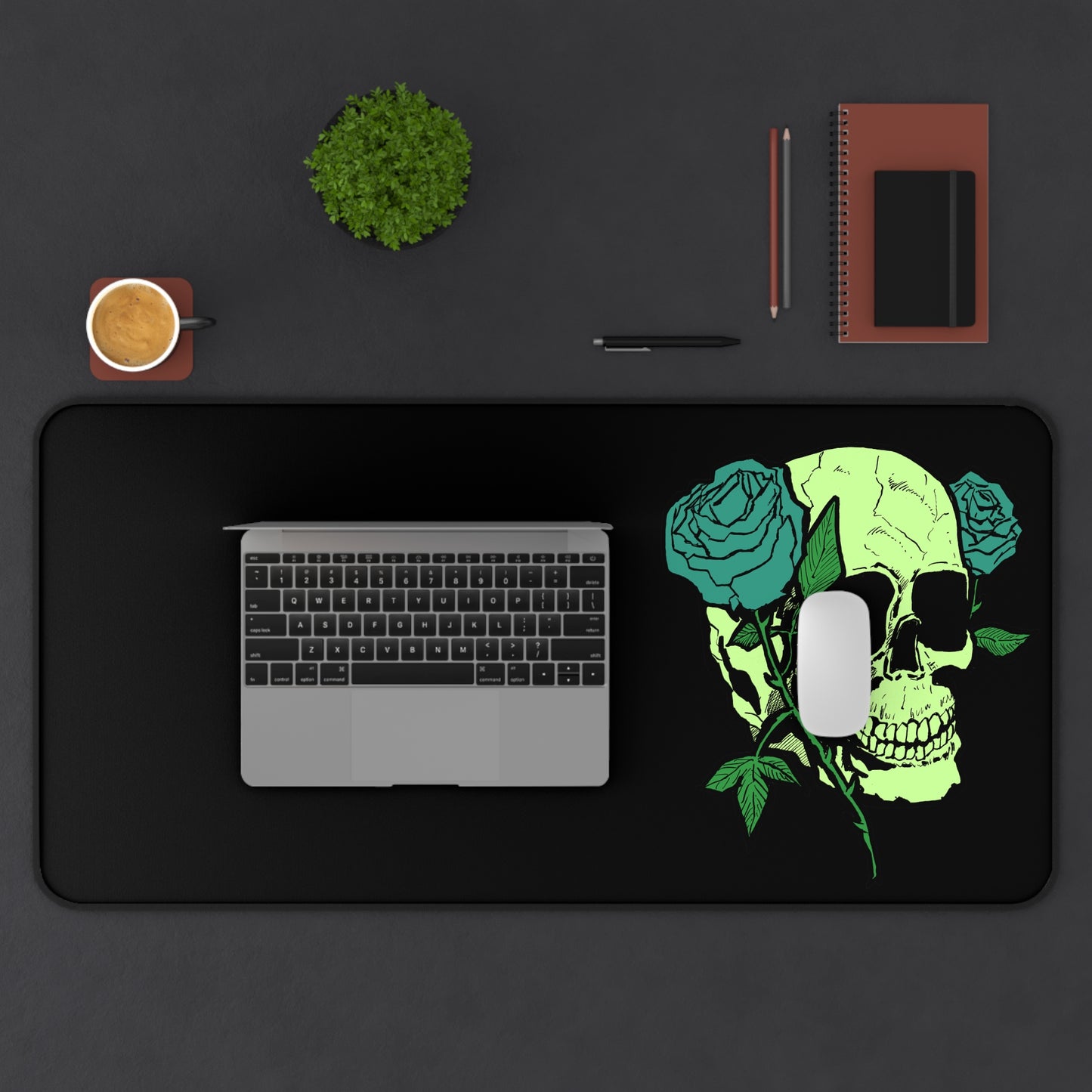Skull & Roses(greens) Desk Mat - Aesthetic Office Decor for Creative Minds