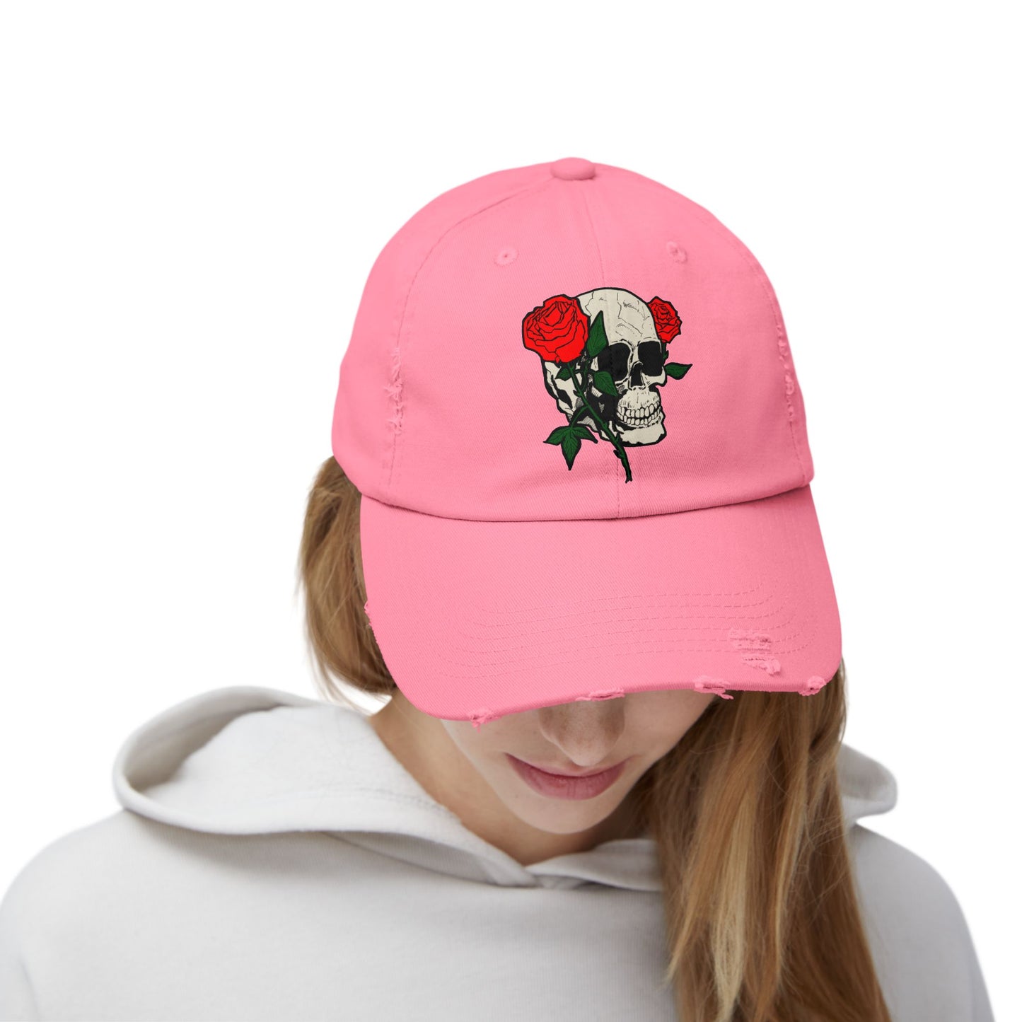 Skull and Roses Distressed Unisex Cap – Edgy Fashion Accessory for Music Lovers