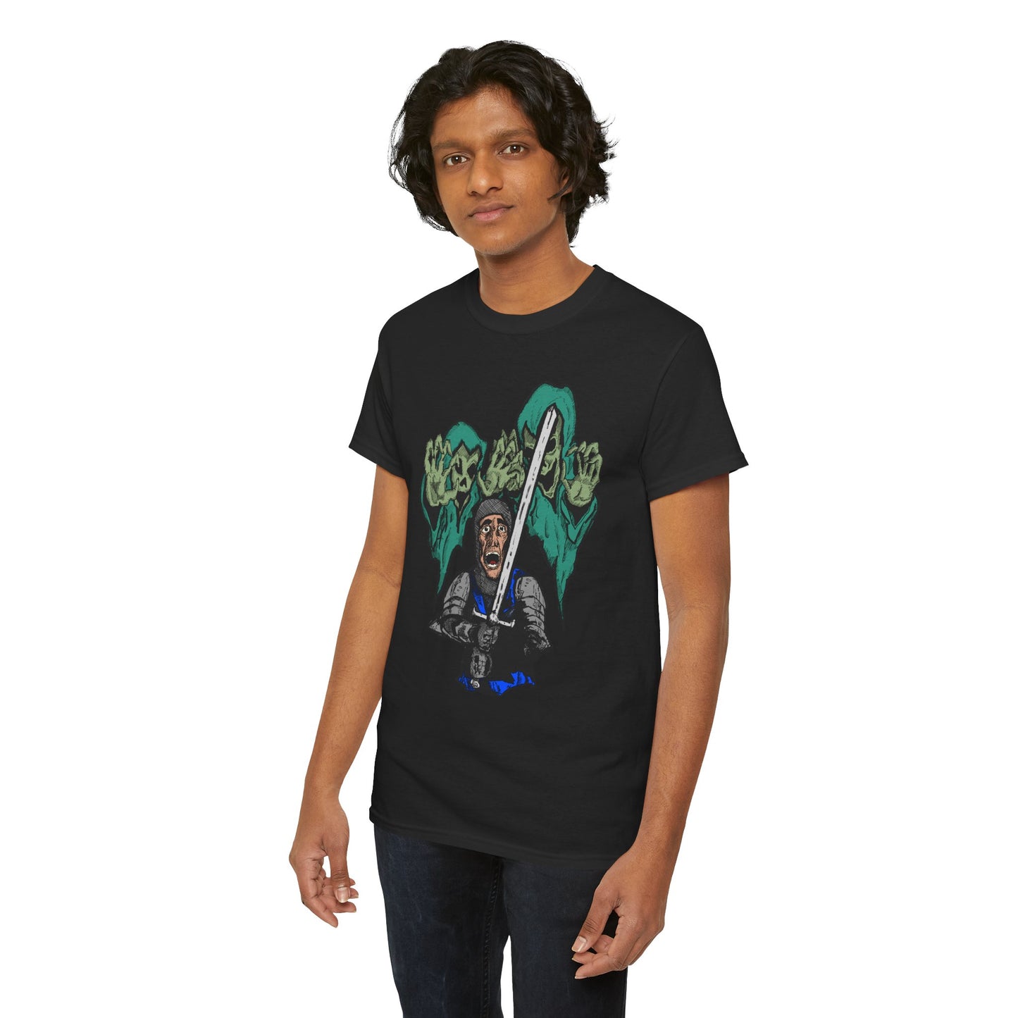 Unisex Heavy Cotton Tee - Knight with Sword Graphic - Casual Streetwear