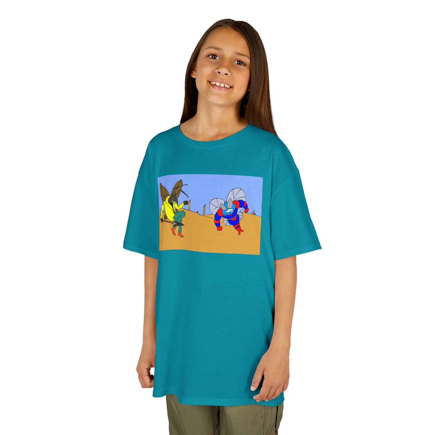Astro-Fly and Wasp Warrior Kids Tee — Colorful Desert Beetle Cartoon Illustration