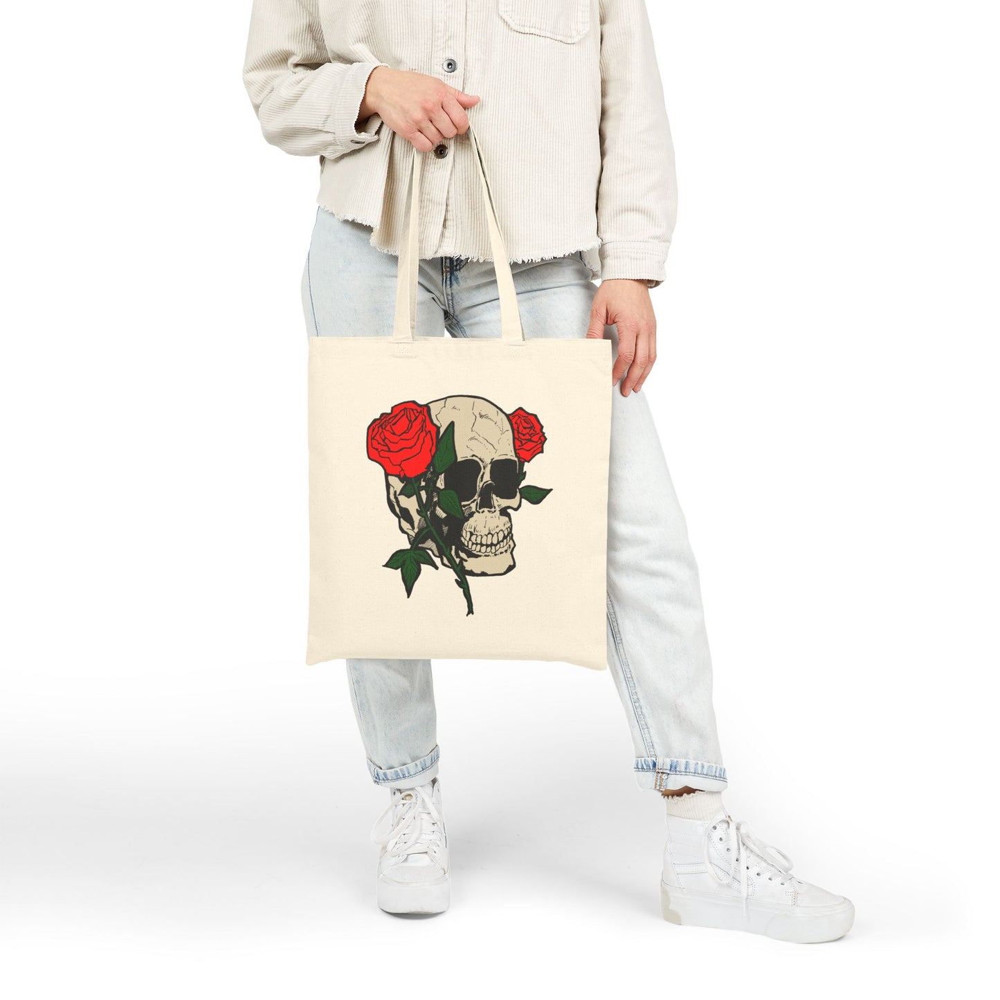 Skull & Roses Canvas Tote Bag — Gothic Floral Reusable Shopper