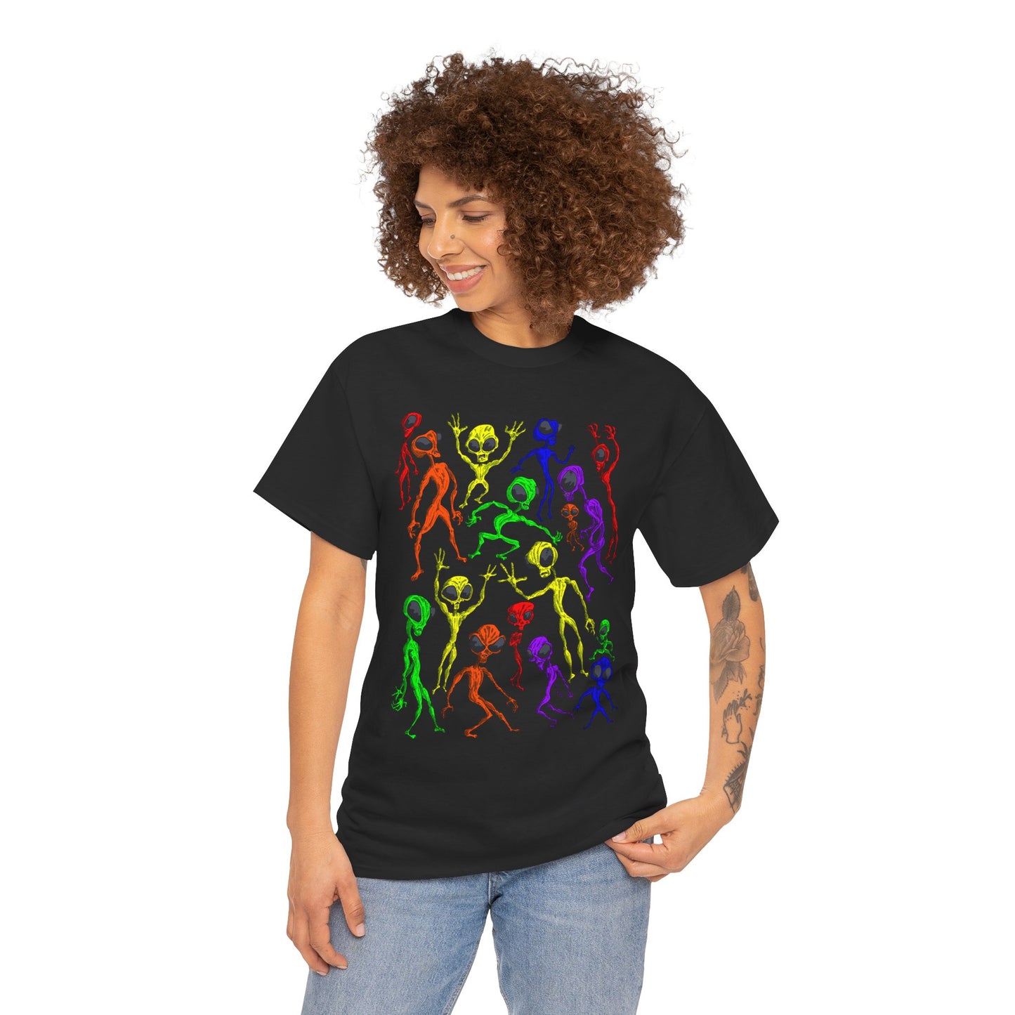 Rainbow Alien Dance Party Unisex Tee - Cosmic Sci-Fi Shirt