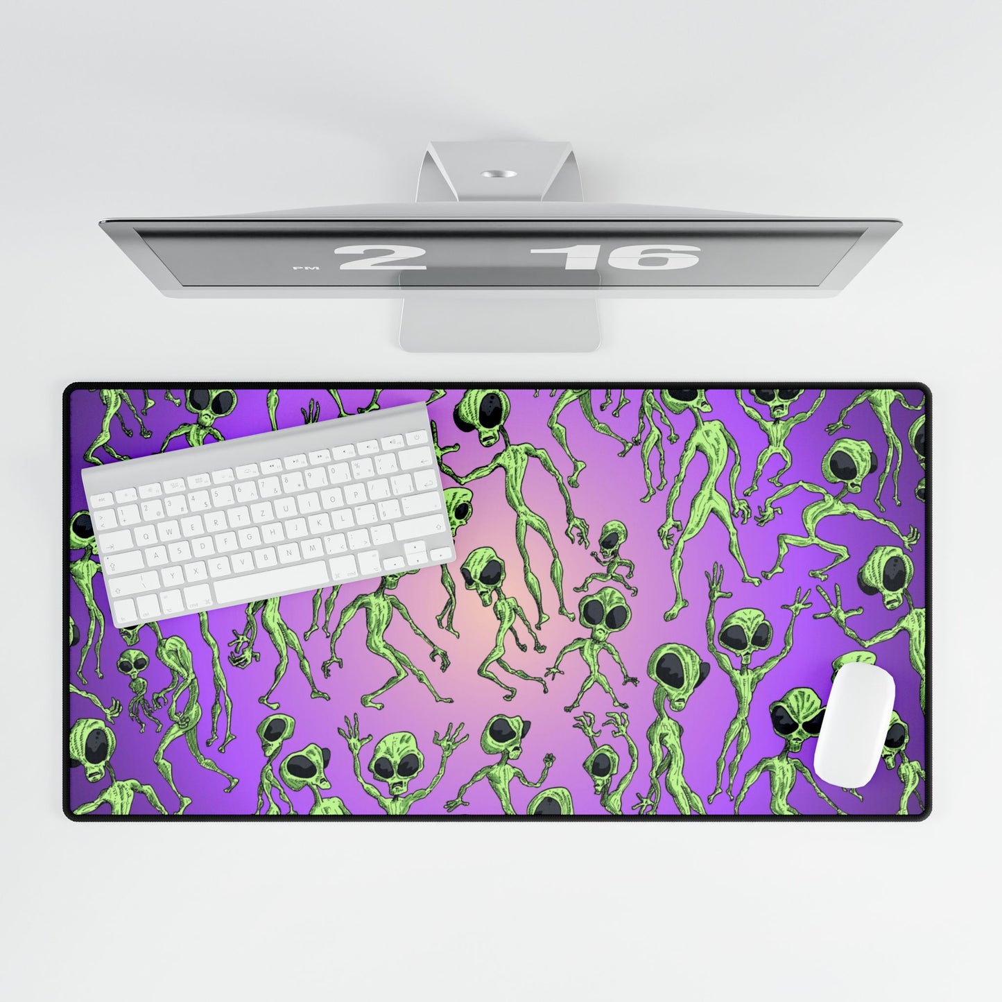 Alien Dance Party Desk Mat — Purple Green Extraterrestrial Gaming/Work Desk Pad
