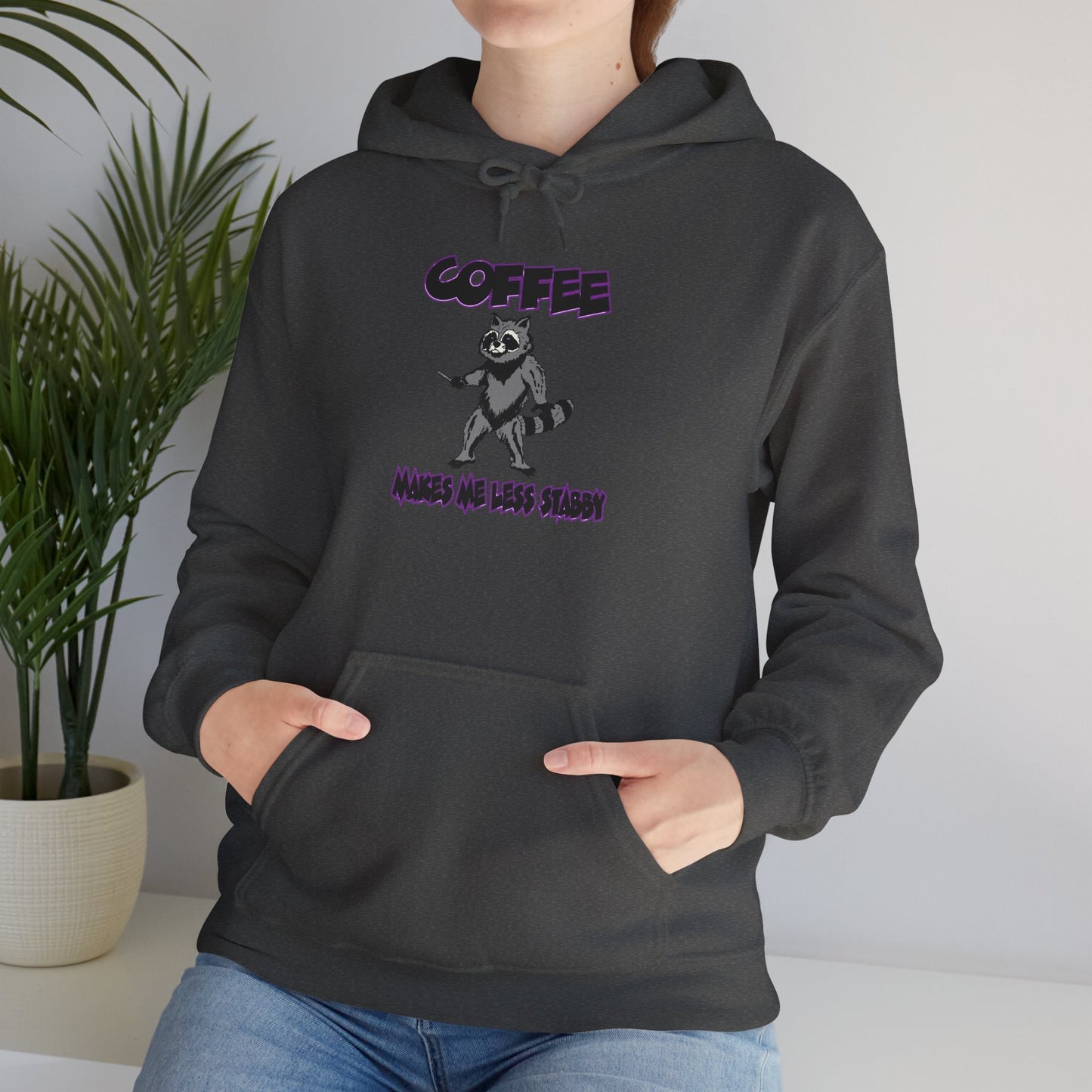 Coffee Makes Me Less Stabby Themed Unisex Hoodie with Fun Raccoon Design, Perfect for Coffee Lovers, Gift for Birthdays, Chill Days, Cozy Sweater