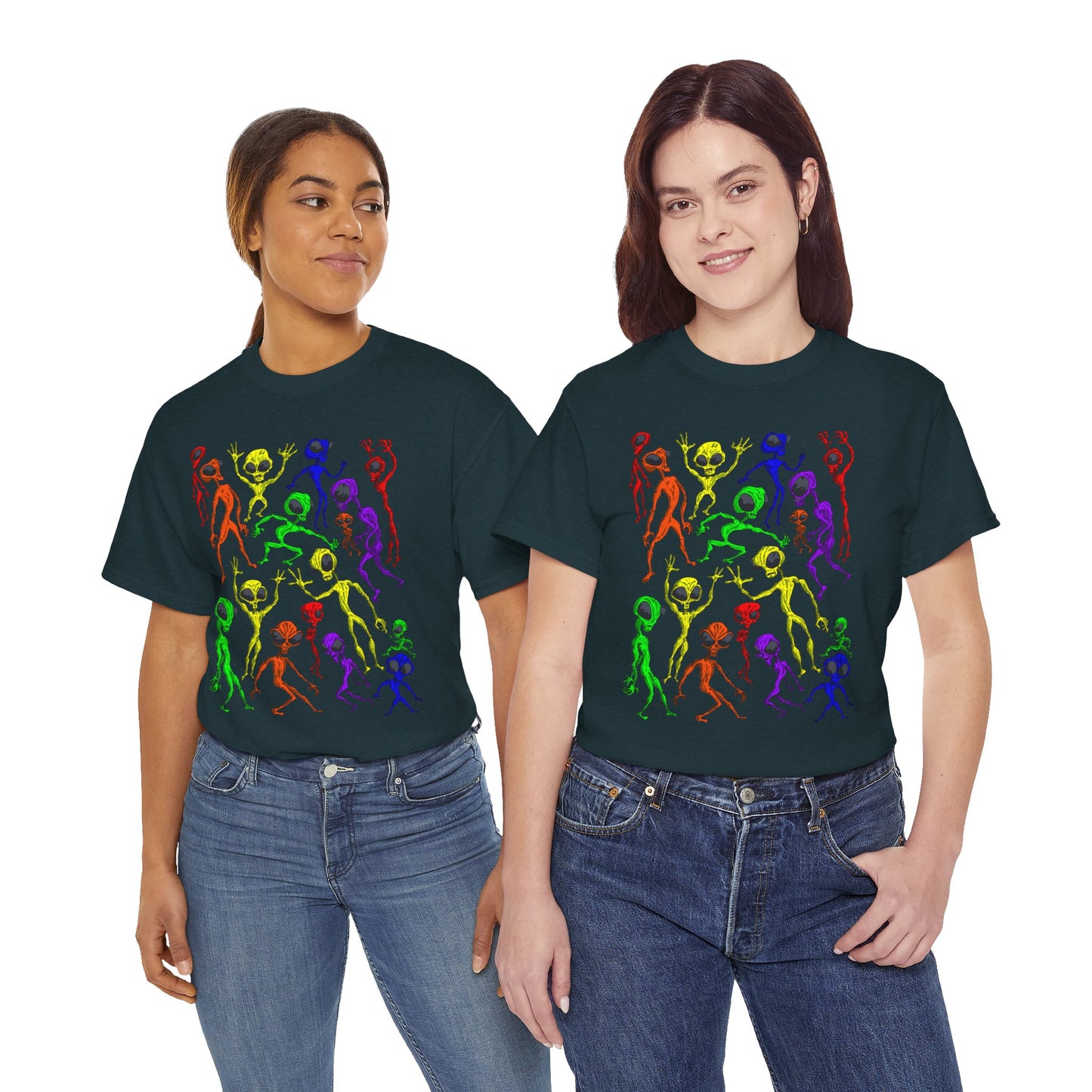 Rainbow Alien Dance Party Unisex Tee - Cosmic Sci-Fi Shirt
