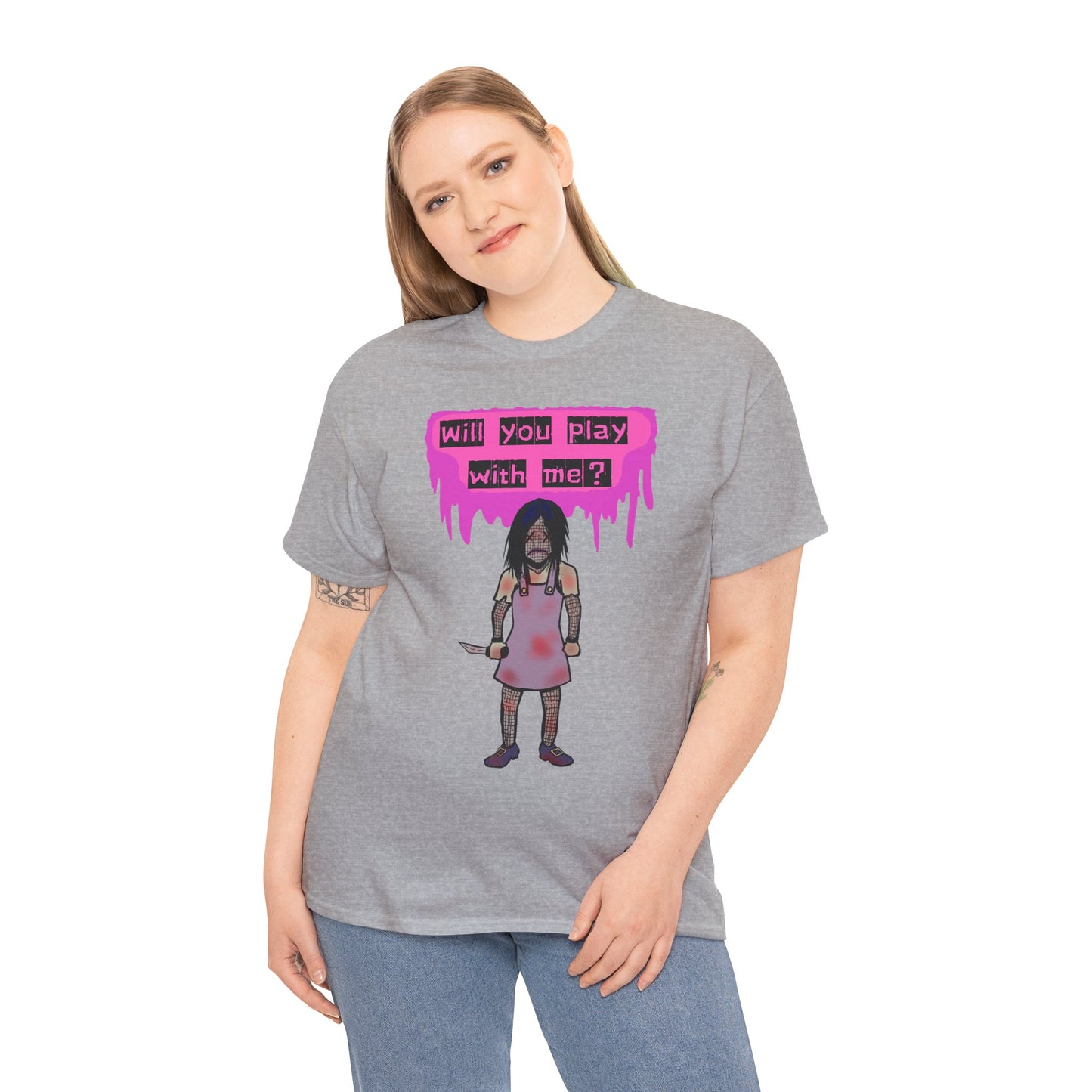 Playful Evil Doll Horror Graphic Tee, Unisex Heavy Cotton Shirt, Casual Wear, Unique Gift, Halloween Costume, Quirky Fashion