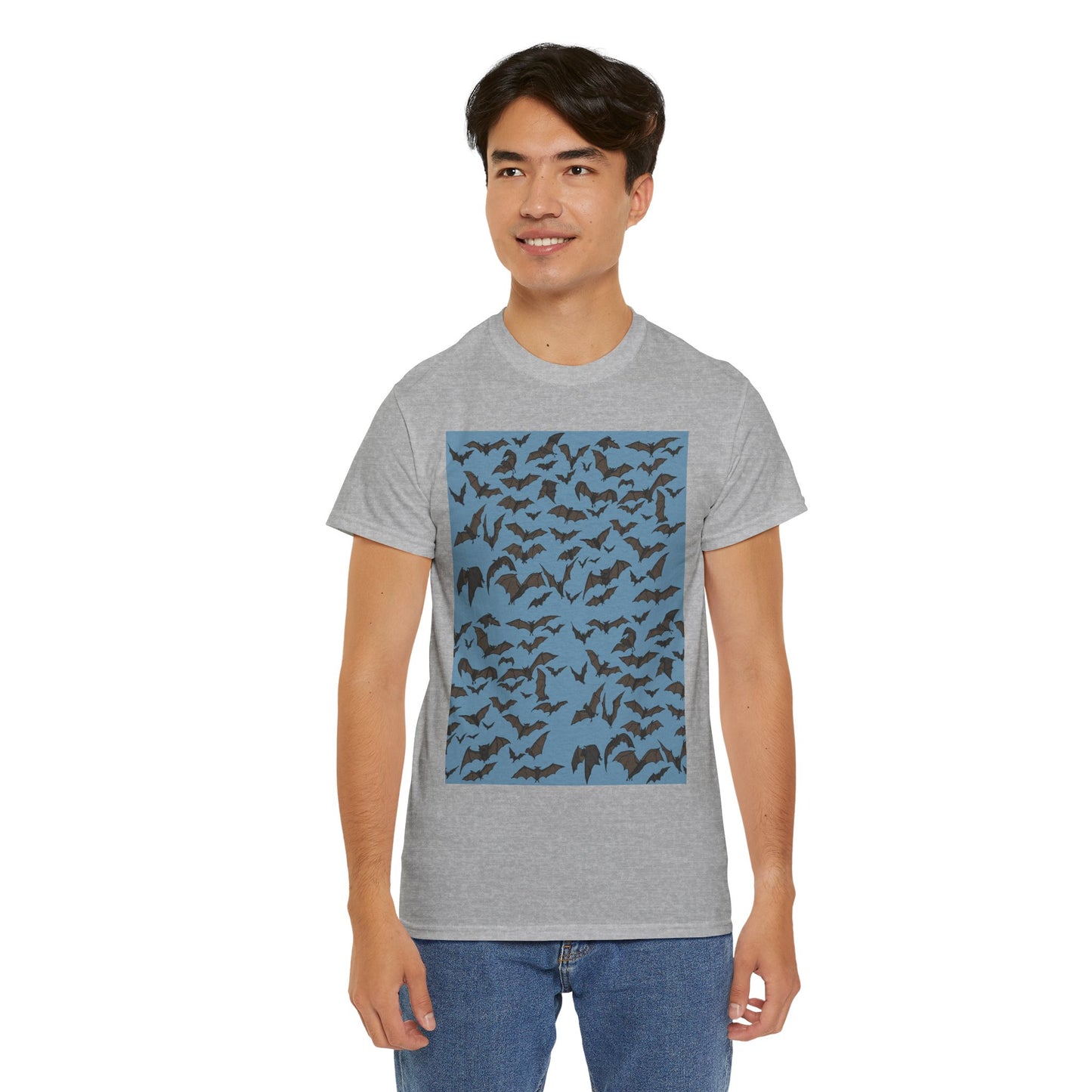 Unisex Bat Print Cotton Tee, Casual Graphic Tee, Halloween Apparel, Unique Gift for Animal Lovers, Stylish Everyday Wear