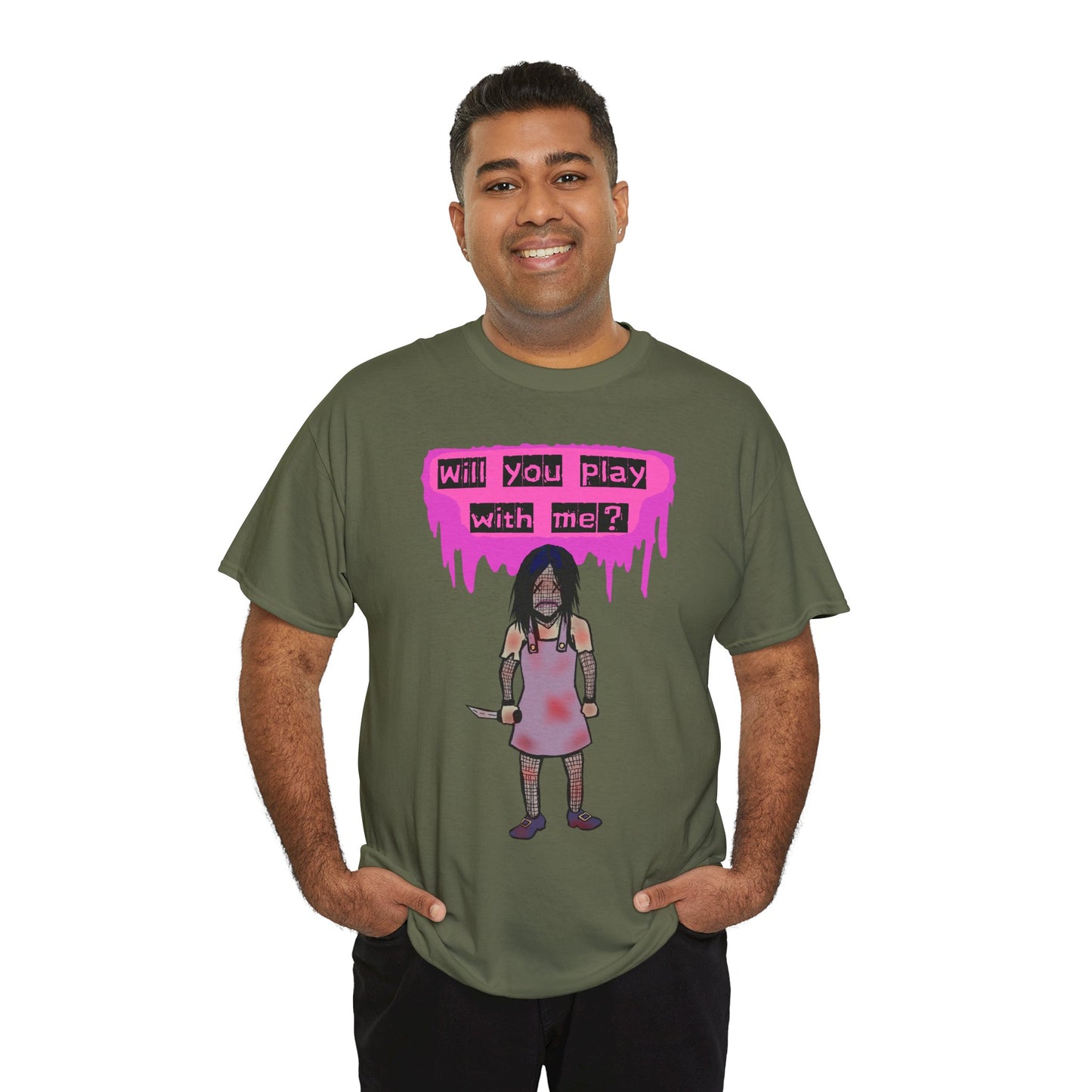 Playful Evil Doll Horror Graphic Tee, Unisex Heavy Cotton Shirt, Casual Wear, Unique Gift, Halloween Costume, Quirky Fashion