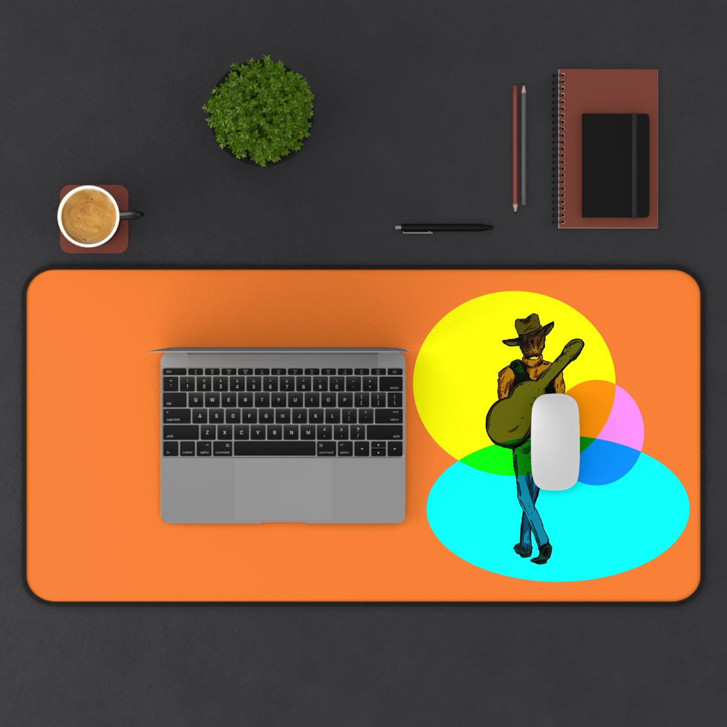 Musician Desk Mat — Retro Cowboy Guitarist Design on Orange