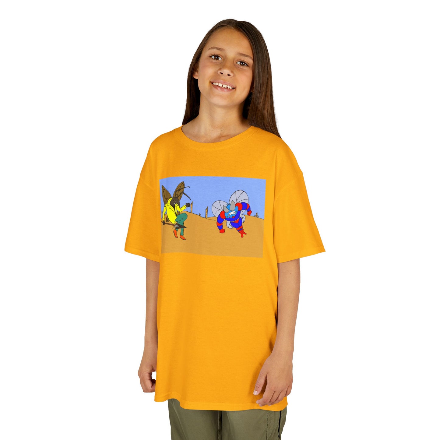 Astro-Fly and Wasp Warrior Kids Tee — Colorful Desert Beetle Cartoon Illustration