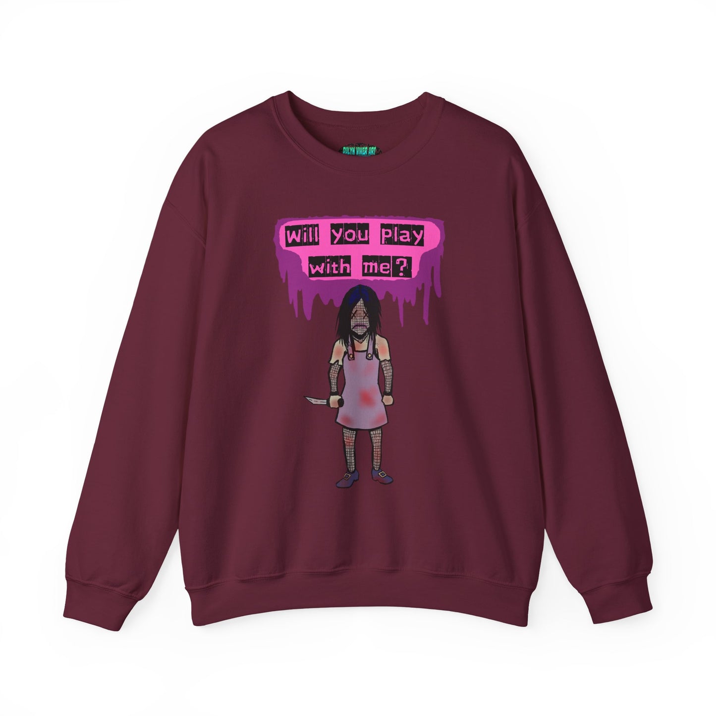 Evil Doll GHOSTLY VINTAGE UNISEX CREWNECK SWEATSHIRT - "Will You Play With Me?"