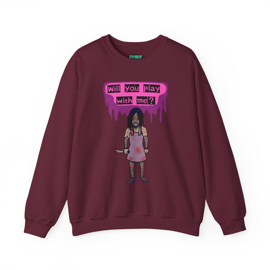 Evil Doll GHOSTLY VINTAGE UNISEX CREWNECK SWEATSHIRT - "Will You Play With Me?"