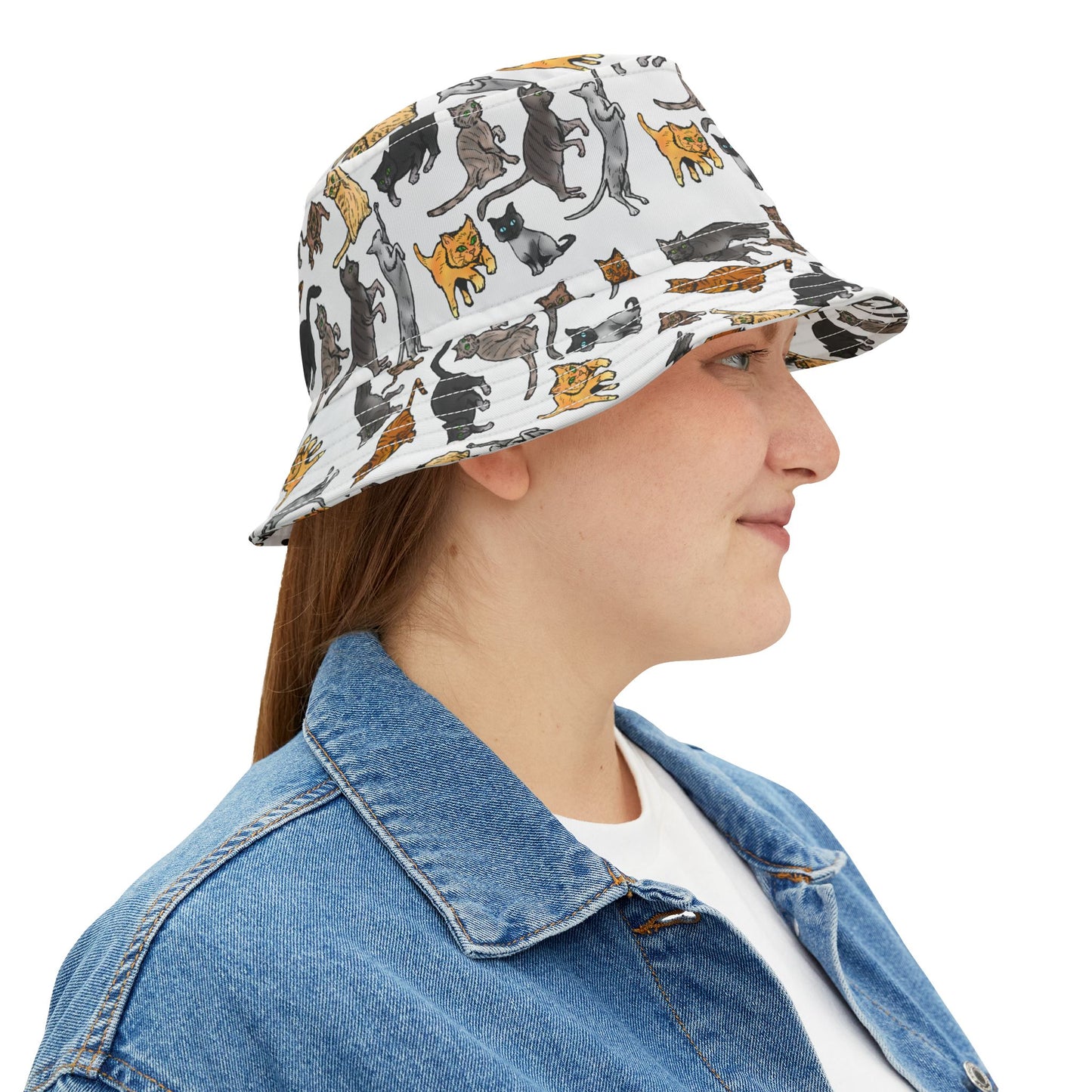 Cat Pattern Bucket Hat — All-Over Print Cute Cat Illustration Accessory