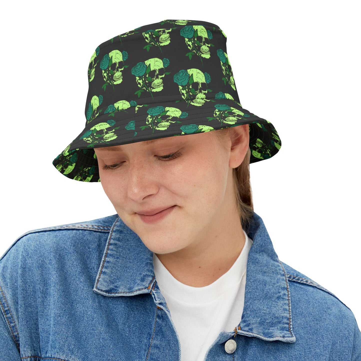 Gothic Rose Skull Bucket Hat, Trendy AOP Hat, Festival Headwear, Unisex Summer Accessory, Edgy Gift Idea, Streetwear Fashion