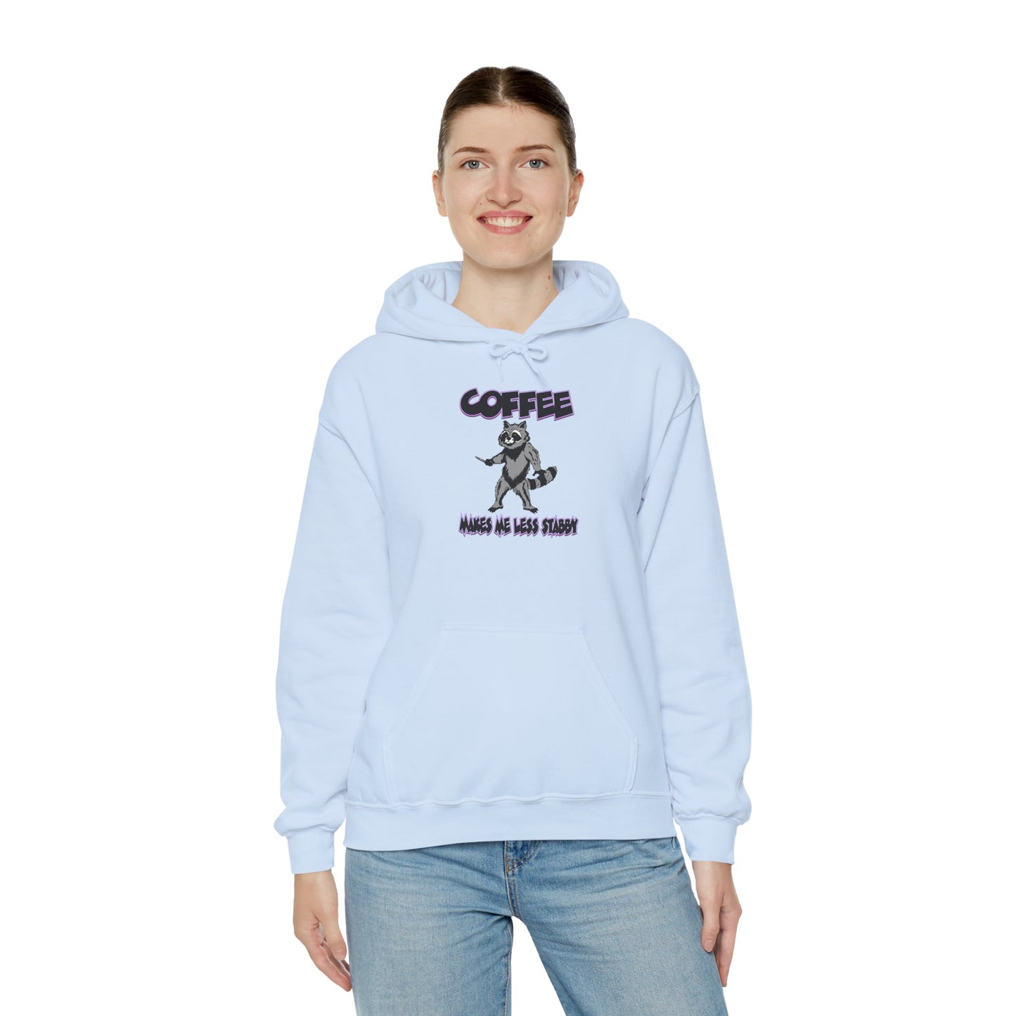 Coffee Makes Me Less Stabby Themed Unisex Hoodie with Fun Raccoon Design, Perfect for Coffee Lovers, Gift for Birthdays, Chill Days, Cozy Sweater