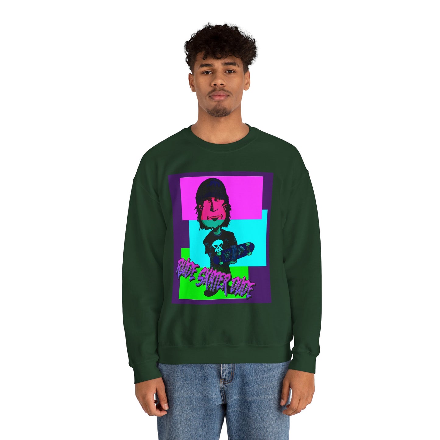 Crewneck Sweatshirt — Retro Neon Skate Punk "Rude Skater Dude" Graphic