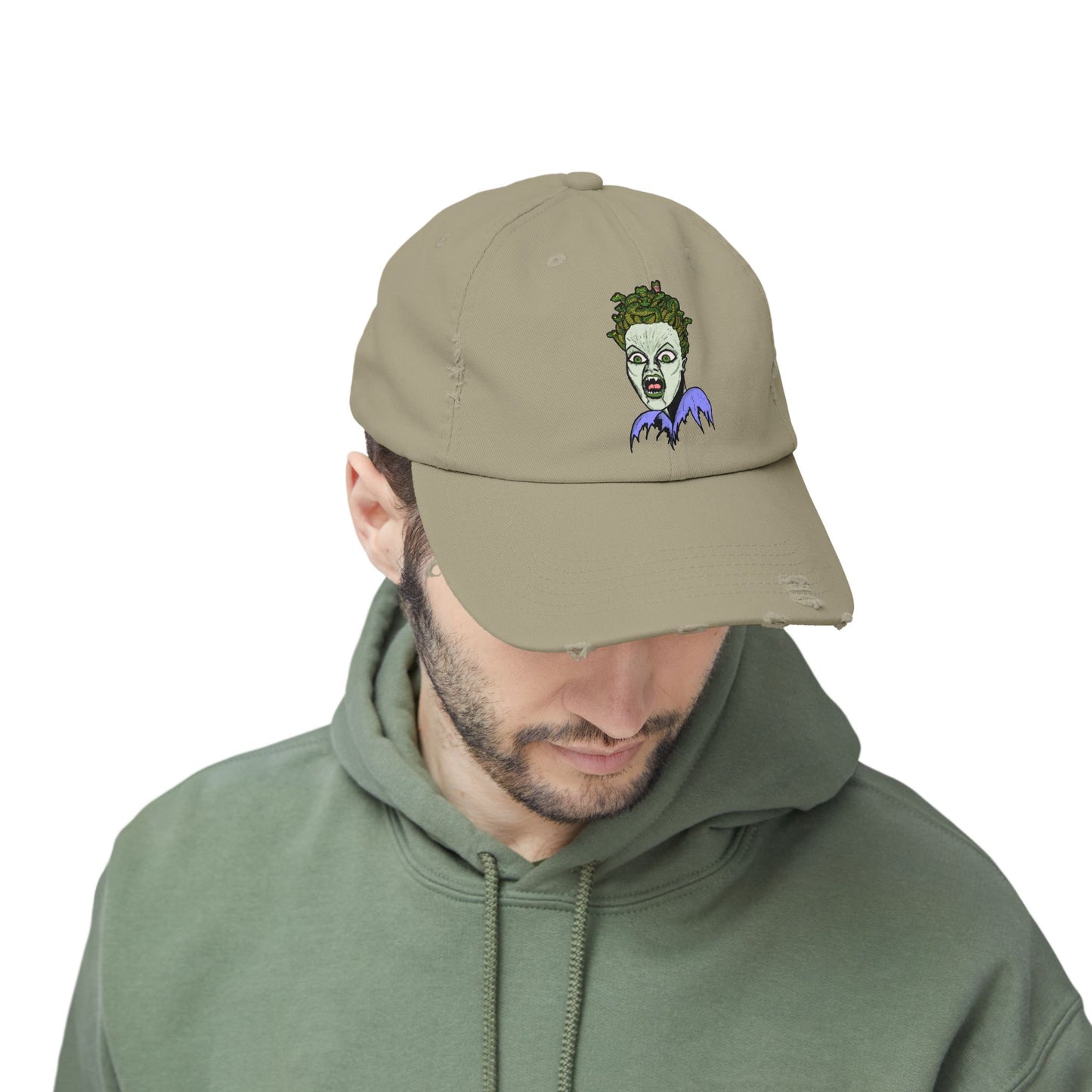 Medusa Unisex Distressed Cap with Eerie Design, Casual Hat, Halloween Accessory, Statement Cap, Gift for Horror Fans, Trendy Distressed Hat
