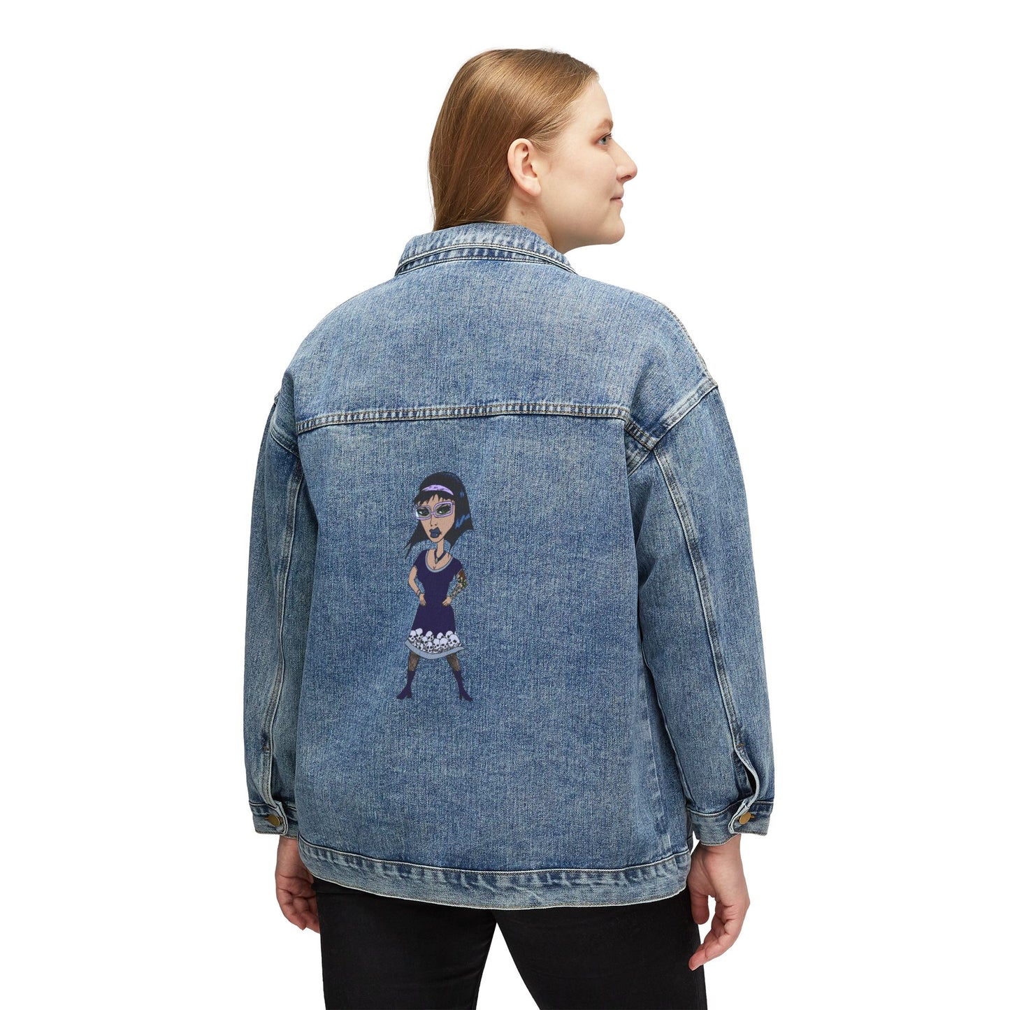Women's Denim Jacket with Vintage Gothic Doll Back Art — Cute Retro Punk Style