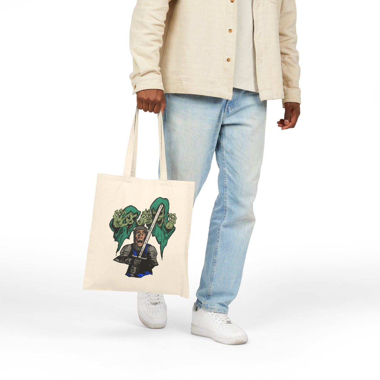 Knight Fright Graphic Canvas Tote — Warrior with Sword & Wraiths Design
