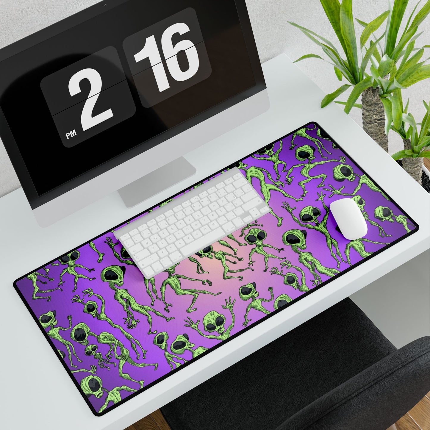 Alien Dance Party Desk Mat — Purple Green Extraterrestrial Gaming/Work Desk Pad