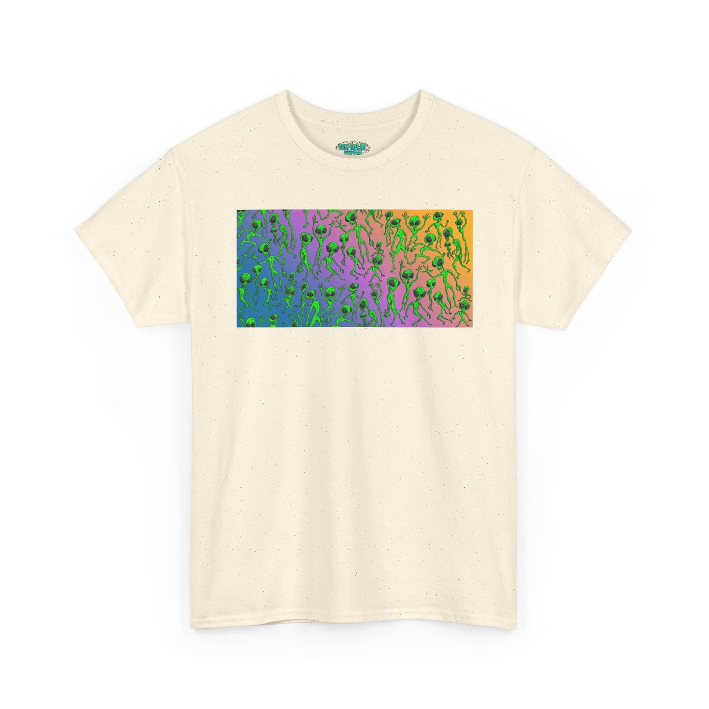 Alien Dance Party Gradient Tee — Colorful Psychedelic Green Aliens Art T-Shirt