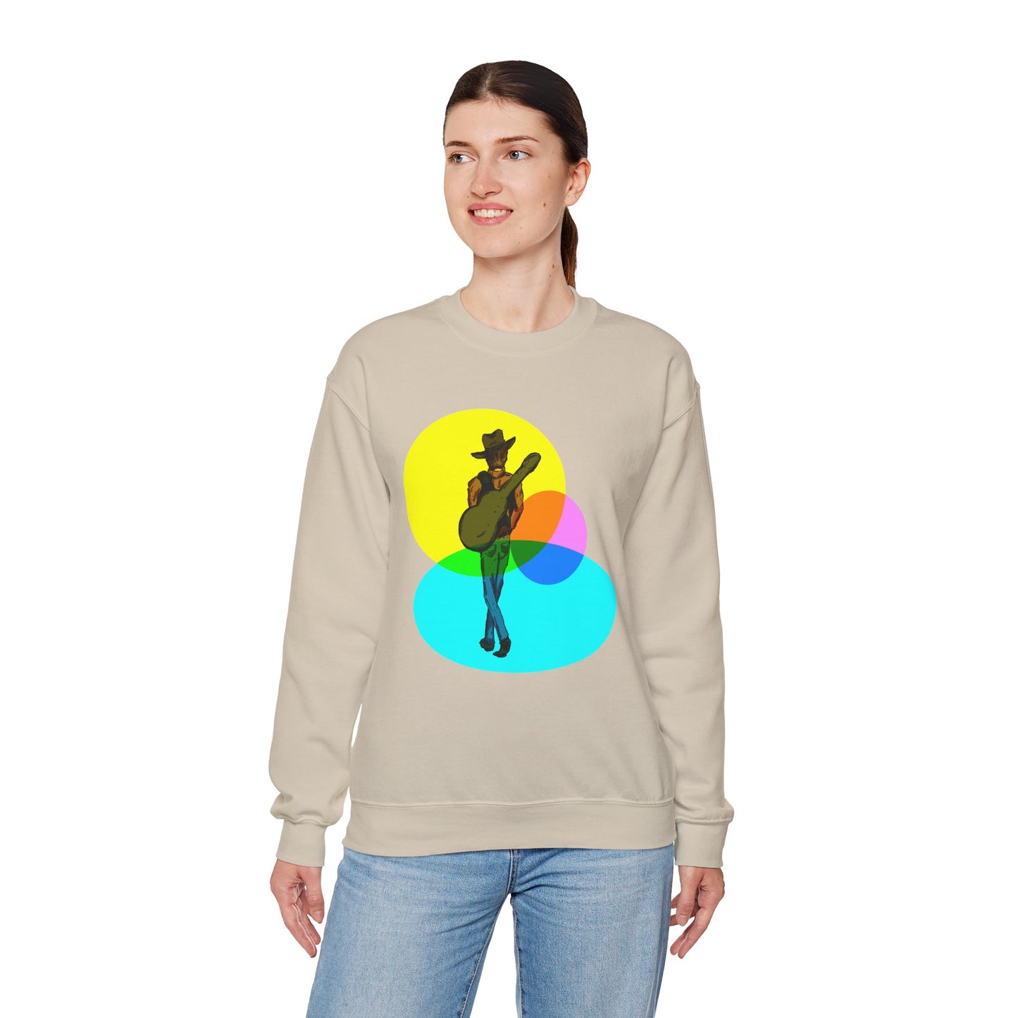 Cowboy Guitarist Graphic Sweatshirt — Retro Color Spot Music Pullover