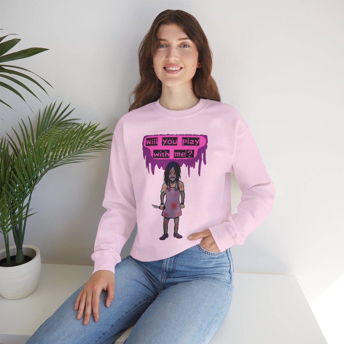 Evil Doll GHOSTLY VINTAGE UNISEX CREWNECK SWEATSHIRT - "Will You Play With Me?"