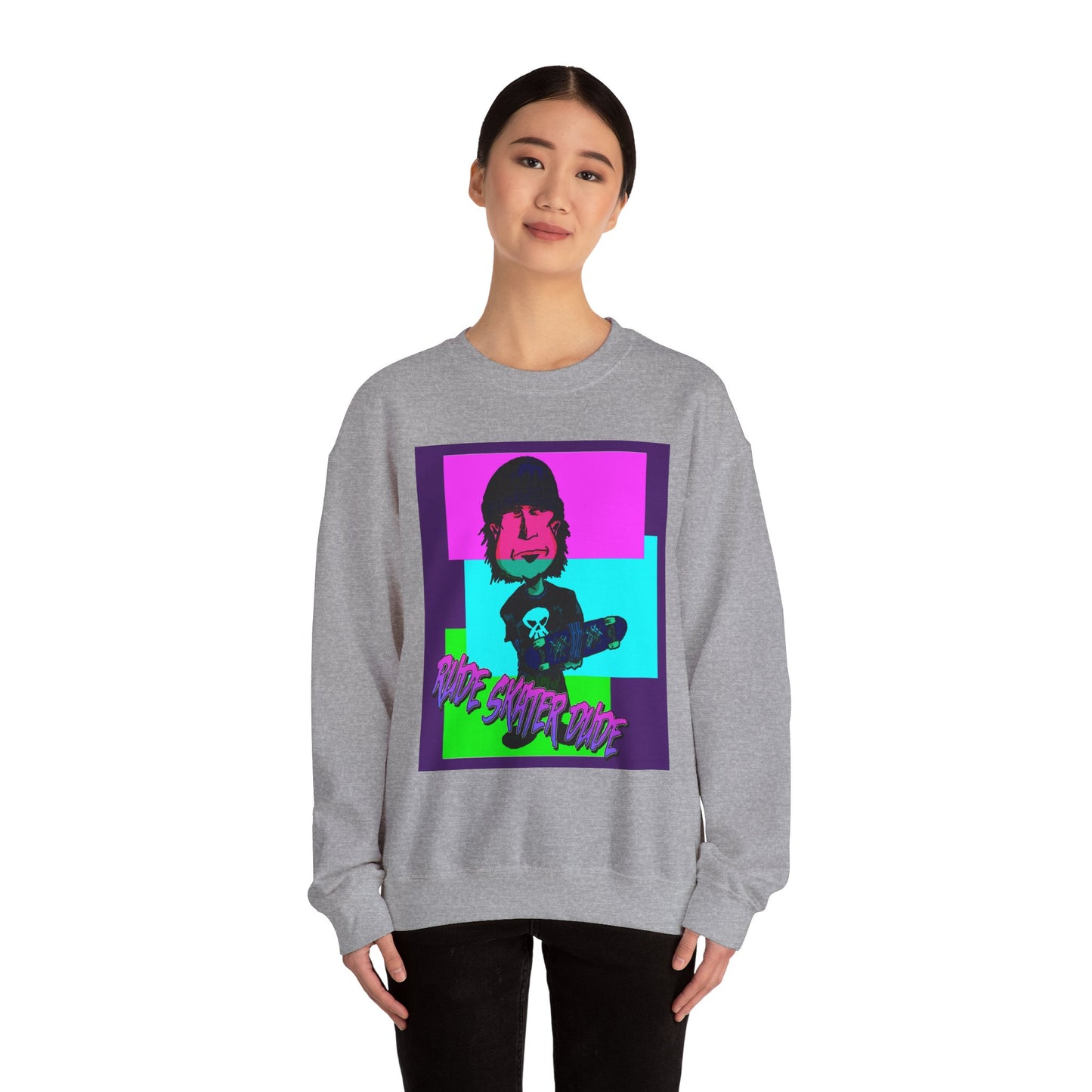Crewneck Sweatshirt — Retro Neon Skate Punk "Rude Skater Dude" Graphic