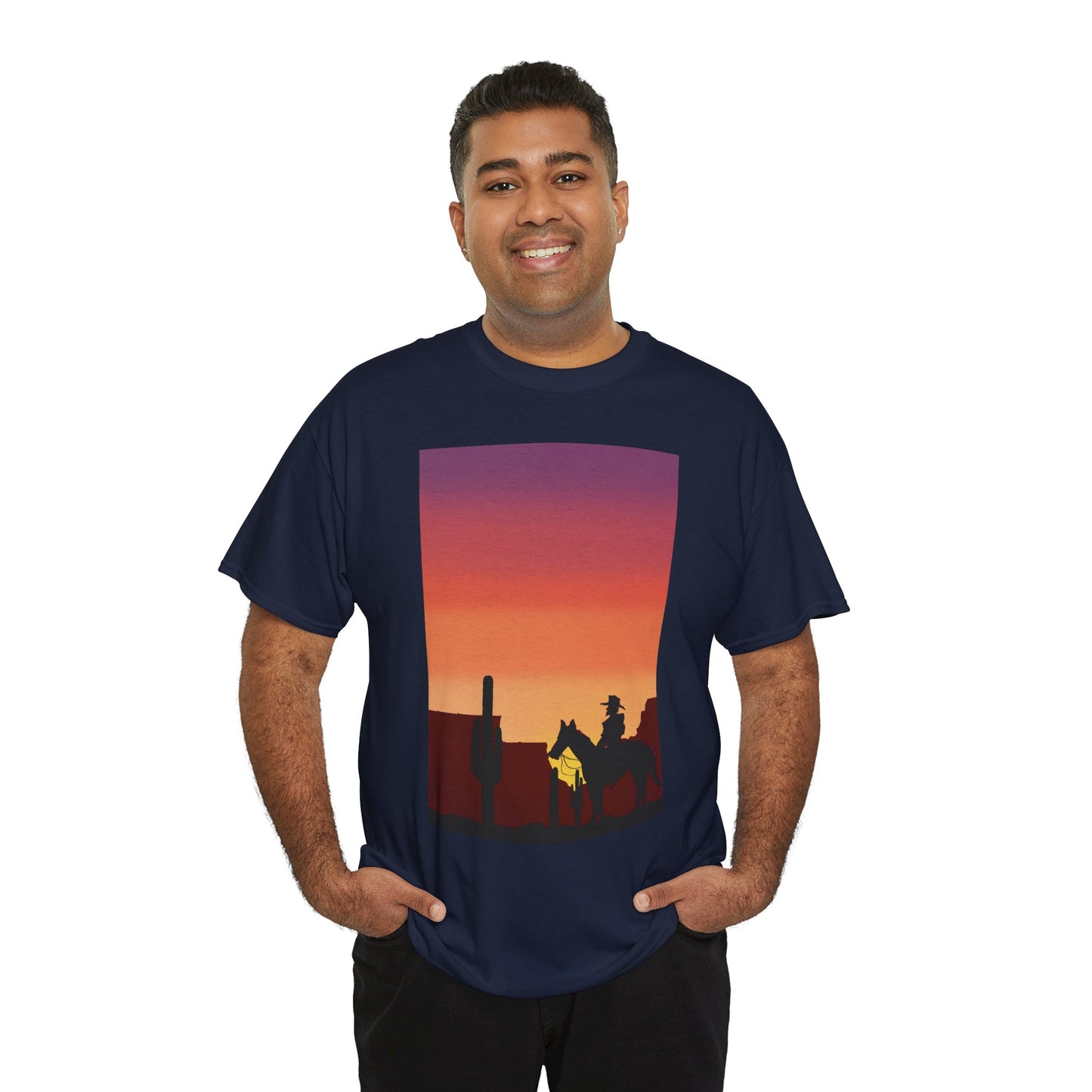 Sunset Cowboy Unisex Heavy Cotton Tee - Western Graphic Tee for Nature Lovers