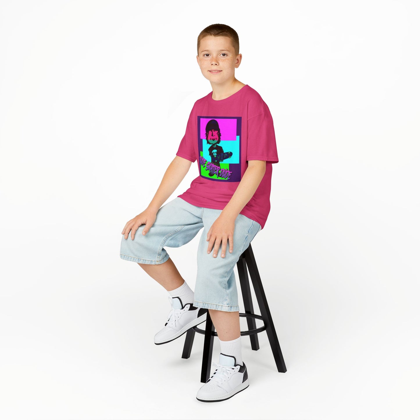 Kids Tee — Retro Neon Rude Skater Dude Kid Graphic T-Shirt