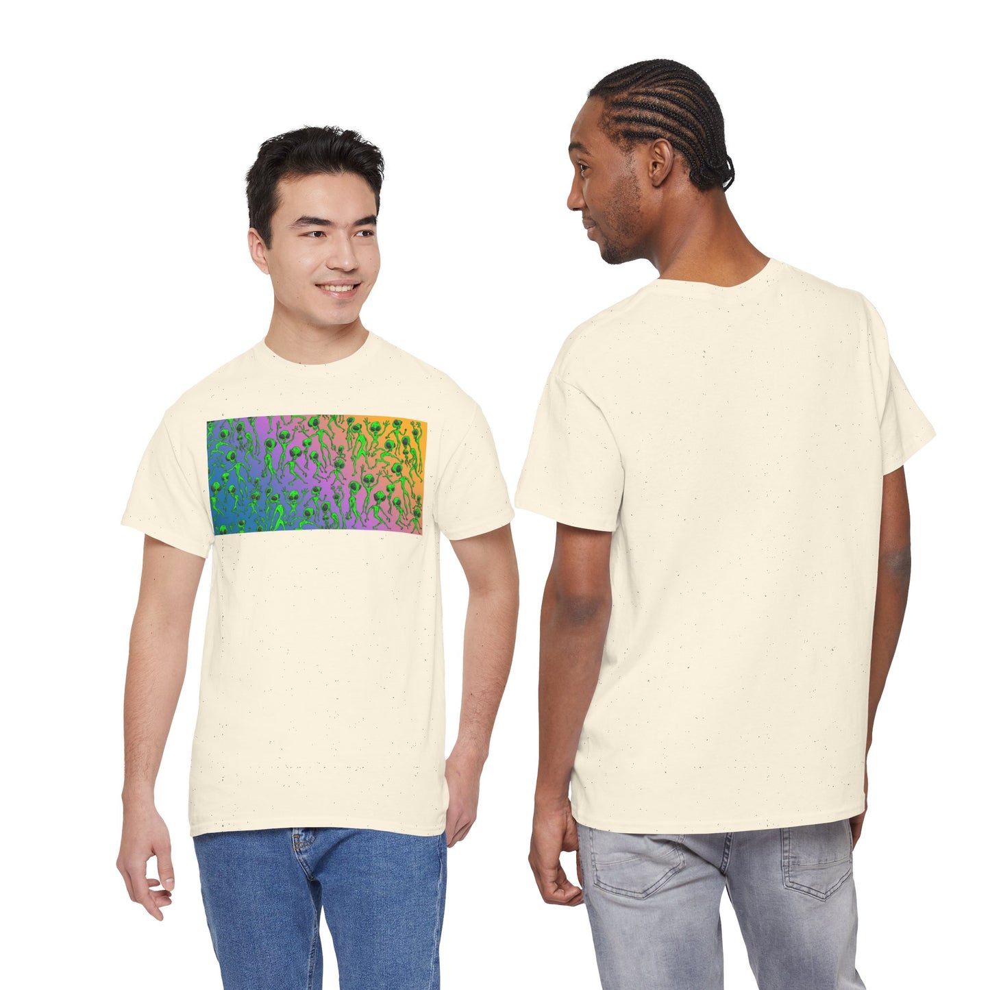 Alien Dance Party Gradient Tee — Colorful Psychedelic Green Aliens Art T-Shirt