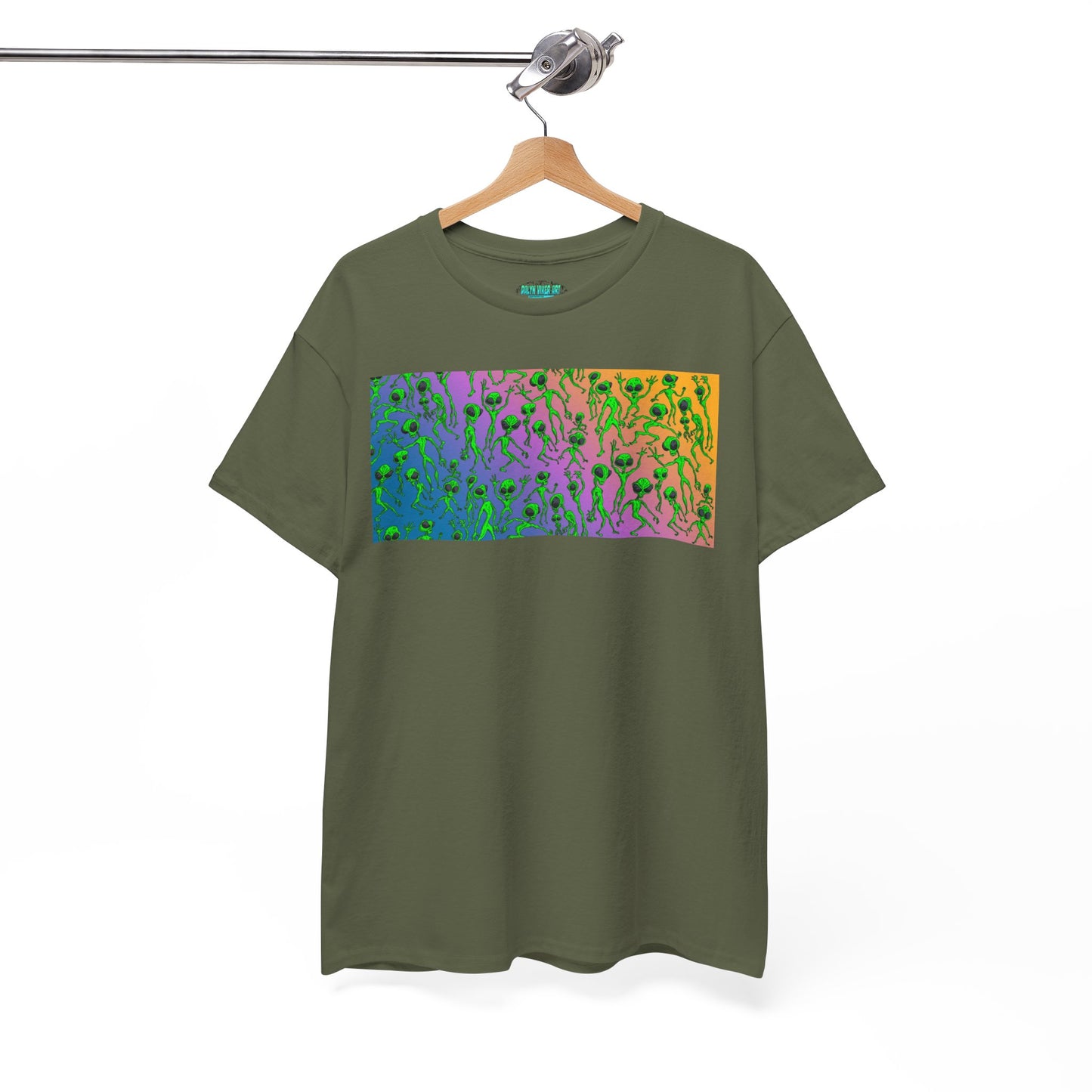 Alien Dance Party Gradient Tee — Colorful Psychedelic Green Aliens Art T-Shirt
