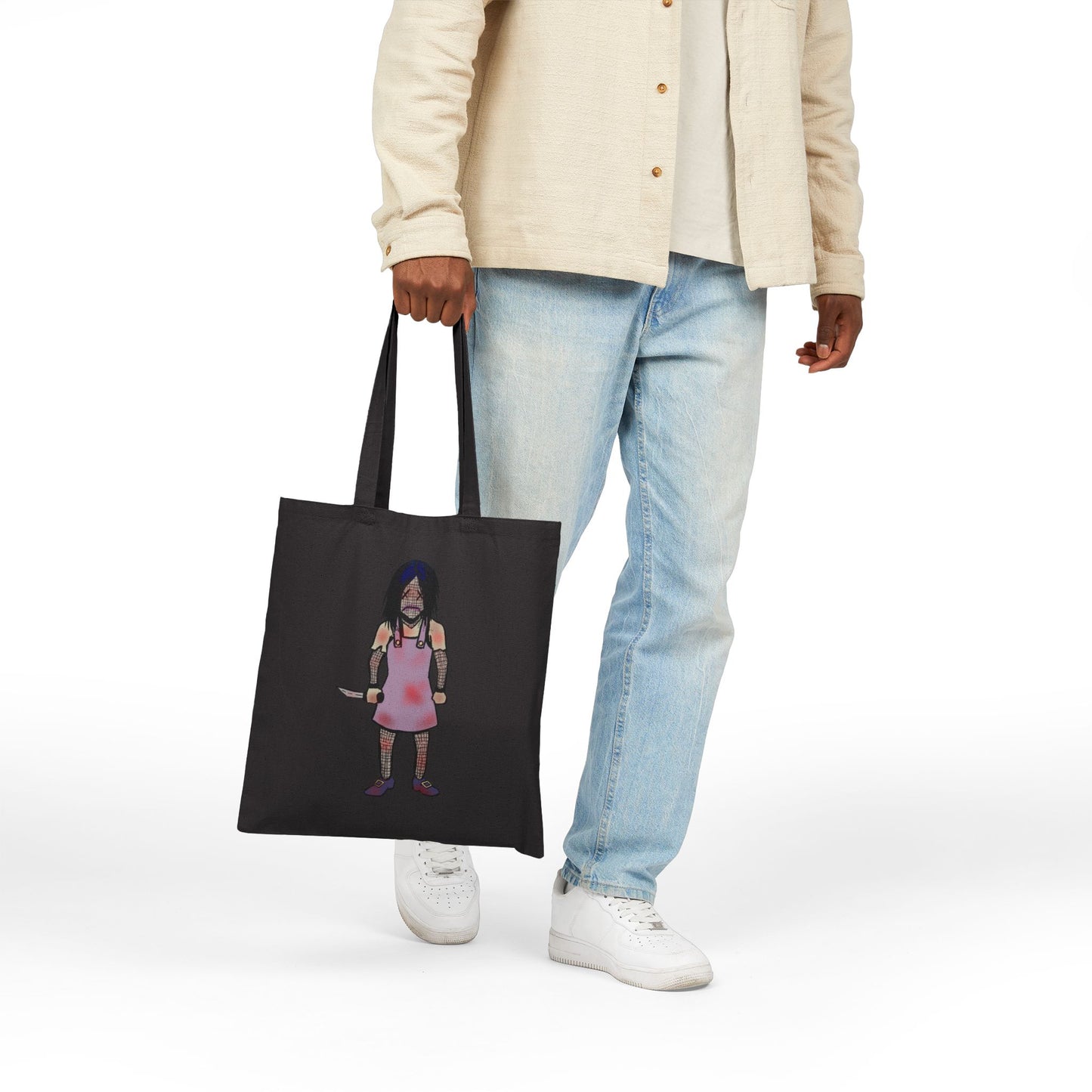 Tote Bag — Cute Grimy Creepy Girl Illustration Canvas Tote (quirky horror, everyday reusable bag)