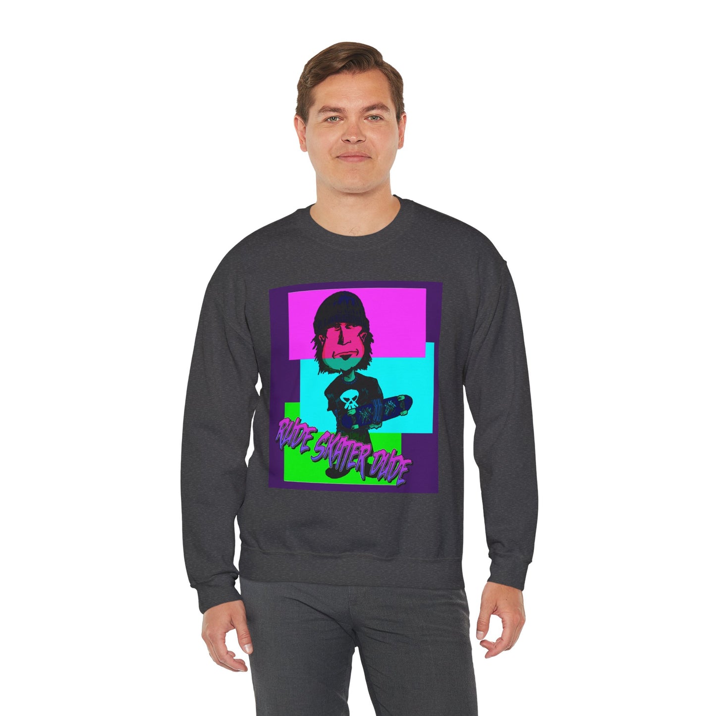 Crewneck Sweatshirt — Retro Neon Skate Punk "Rude Skater Dude" Graphic