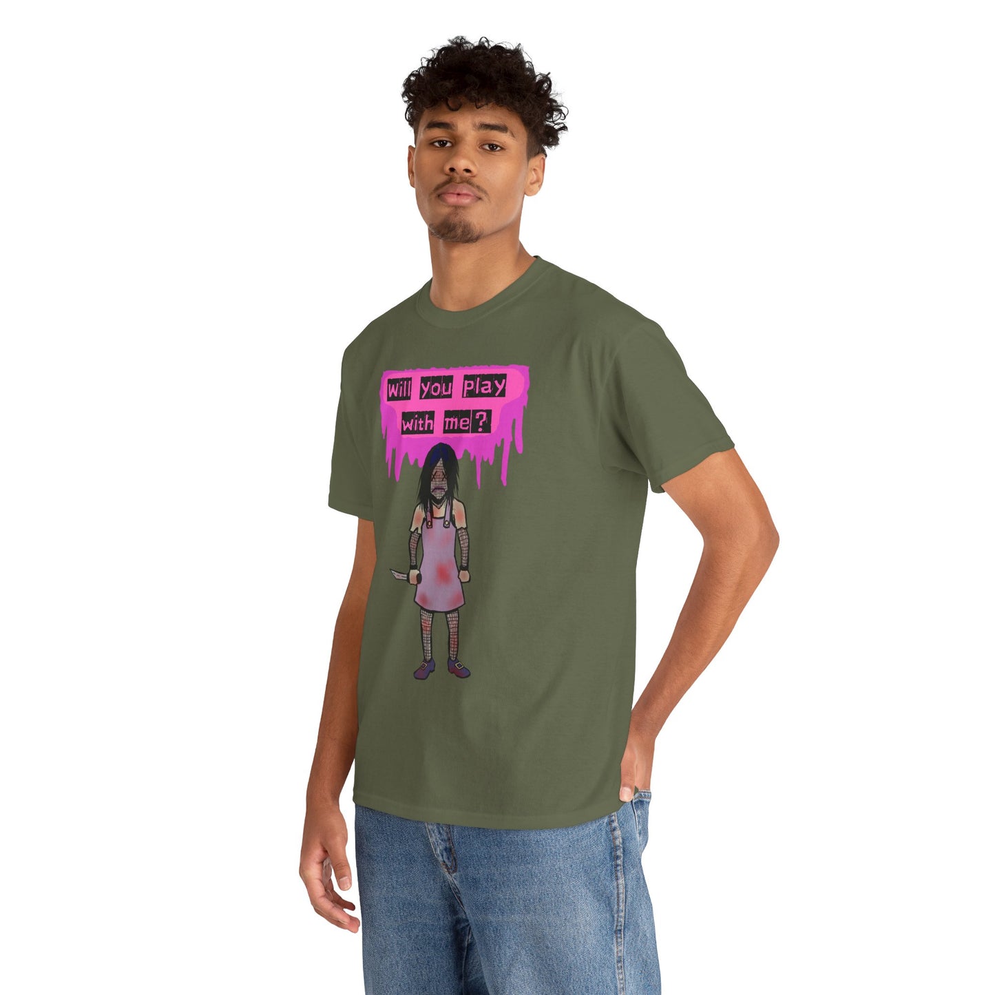 Playful Evil Doll Horror Graphic Tee, Unisex Heavy Cotton Shirt, Casual Wear, Unique Gift, Halloween Costume, Quirky Fashion