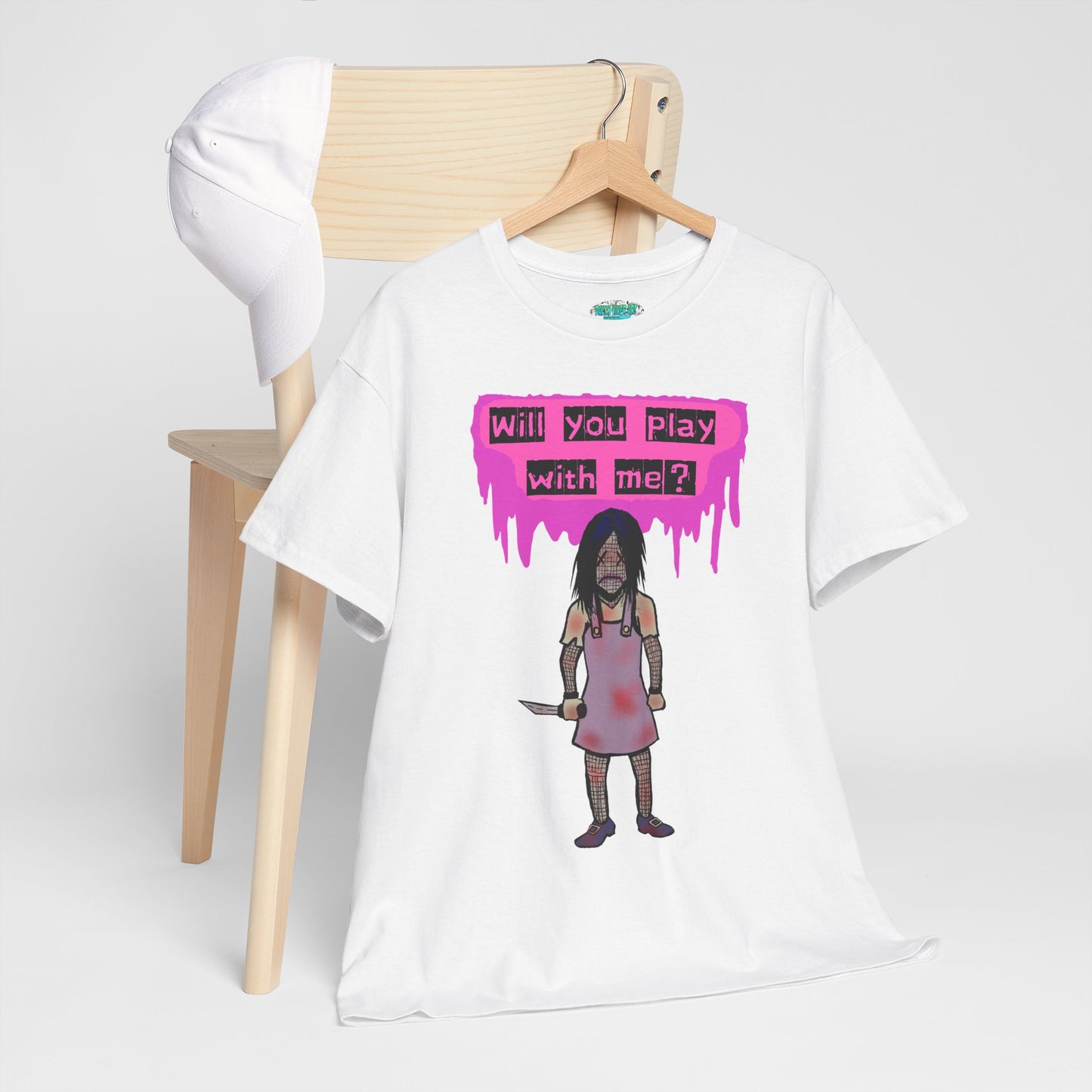 Playful Evil Doll Horror Graphic Tee, Unisex Heavy Cotton Shirt, Casual Wear, Unique Gift, Halloween Costume, Quirky Fashion