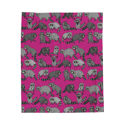 Raccoon Pattern Velveteen Plush Blanket — Cozy Pink Critter Throw