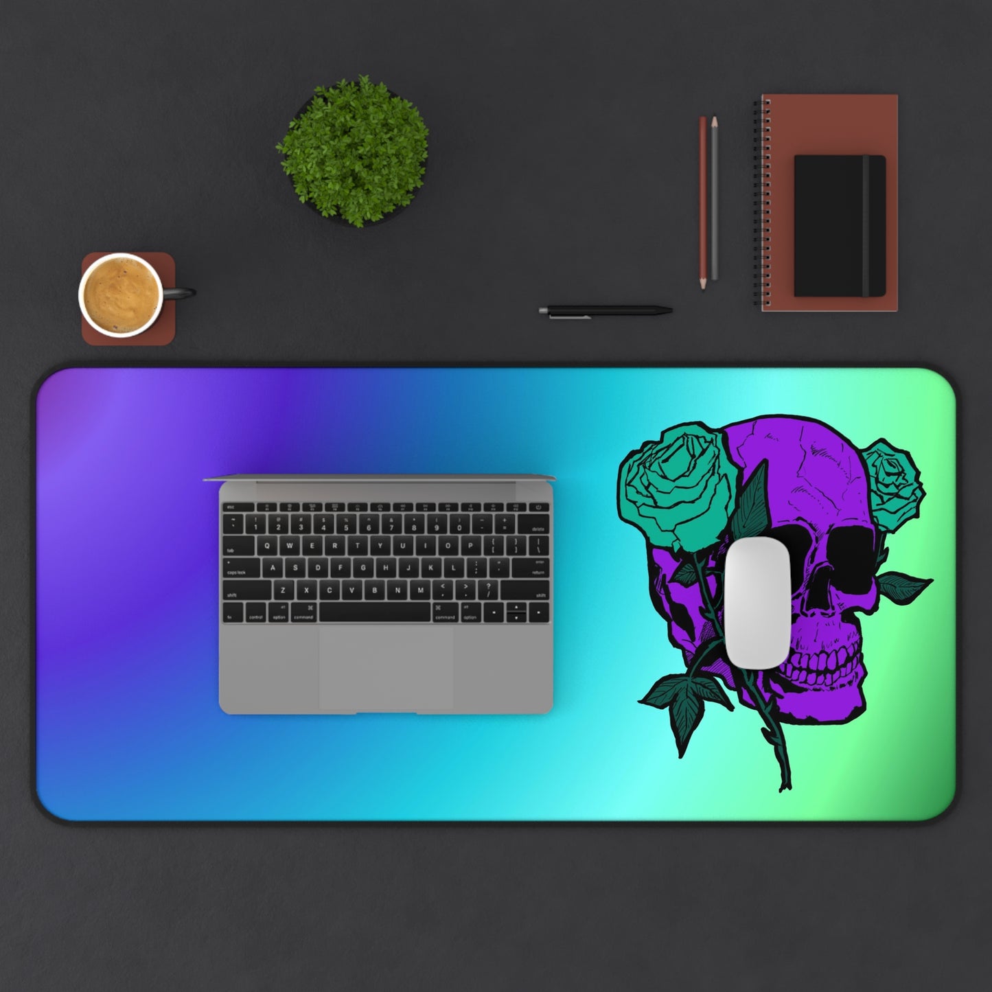 Gradient Skull Desk Mat with Teal Rose Accent