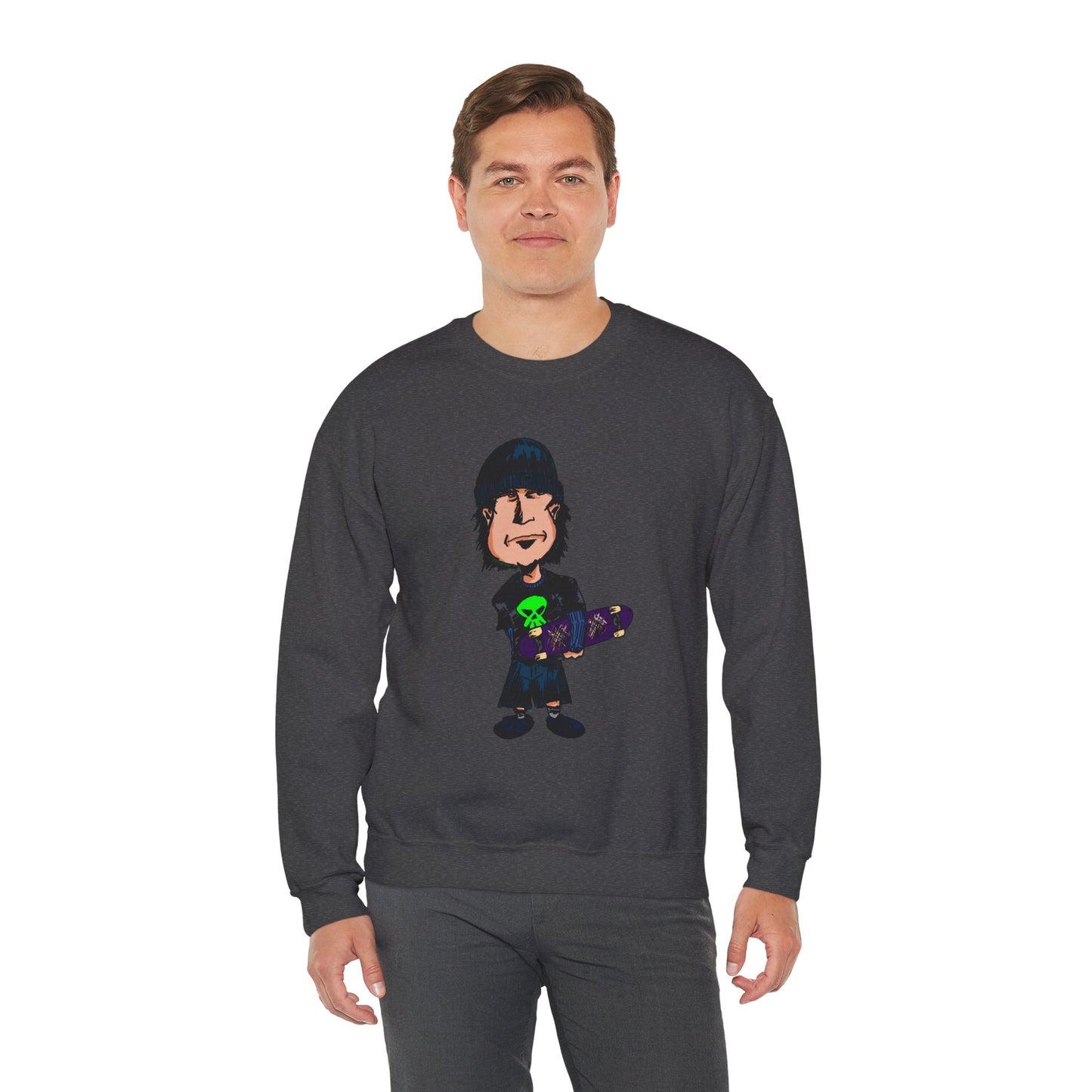 Rude Skater Dude - Cartoon Skate Punk Crewneck Sweatshirt — Retro Skateboard Character Graphic