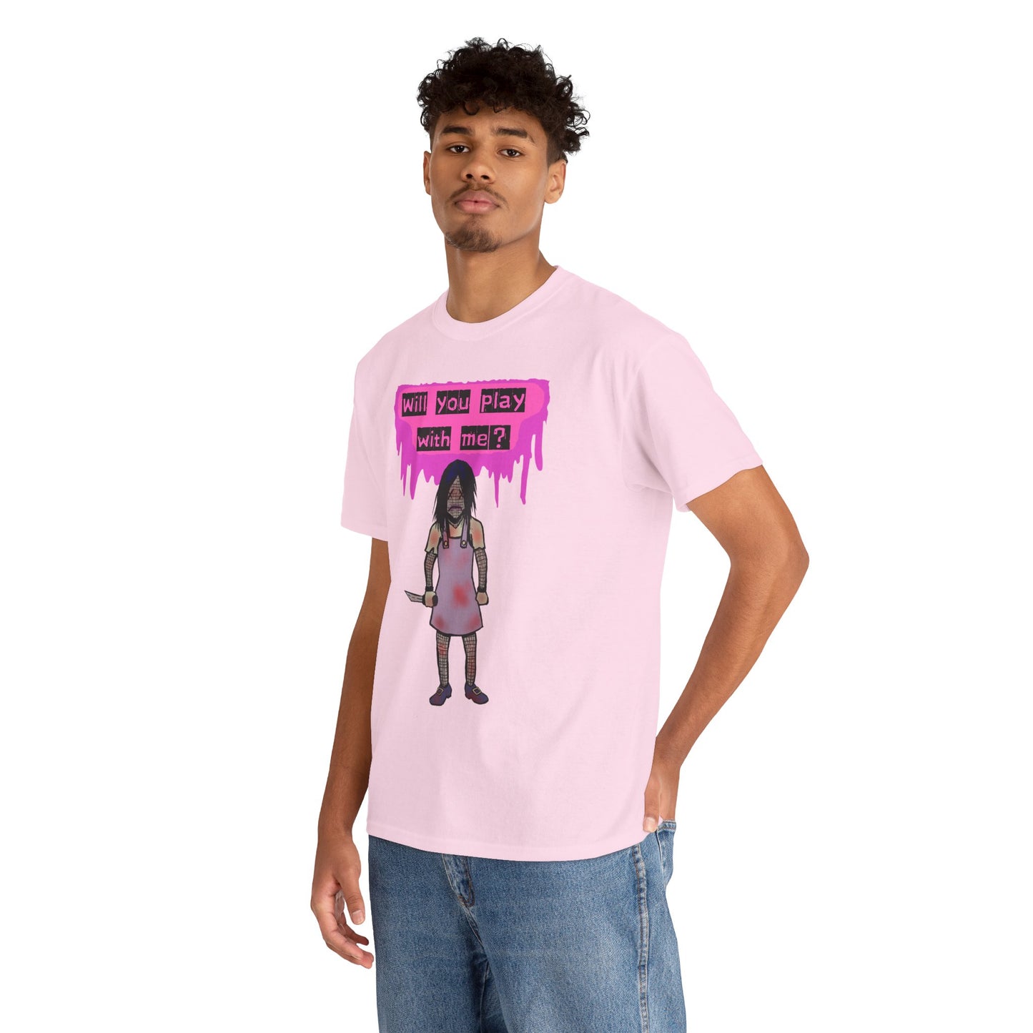 Playful Evil Doll Horror Graphic Tee, Unisex Heavy Cotton Shirt, Casual Wear, Unique Gift, Halloween Costume, Quirky Fashion