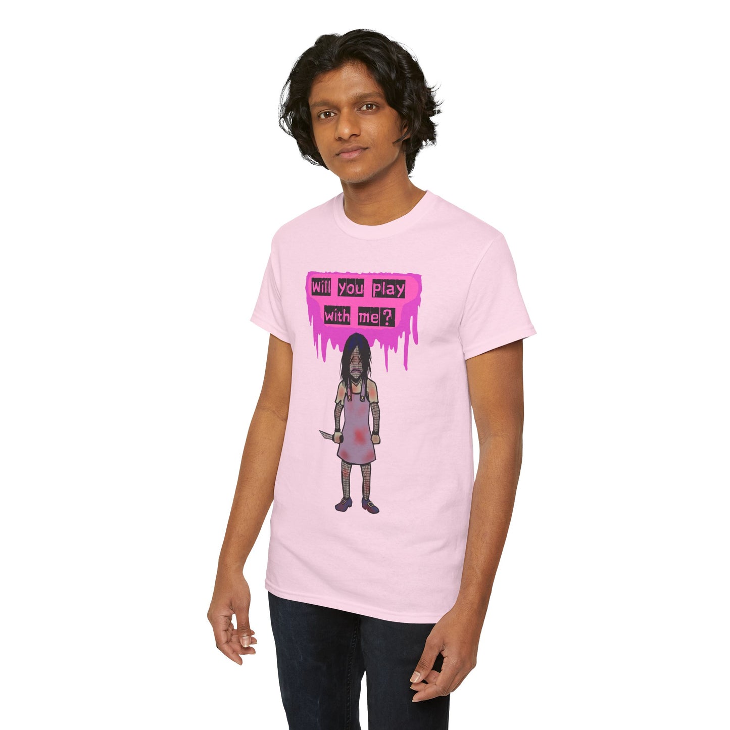 Playful Evil Doll Horror Graphic Tee, Unisex Heavy Cotton Shirt, Casual Wear, Unique Gift, Halloween Costume, Quirky Fashion