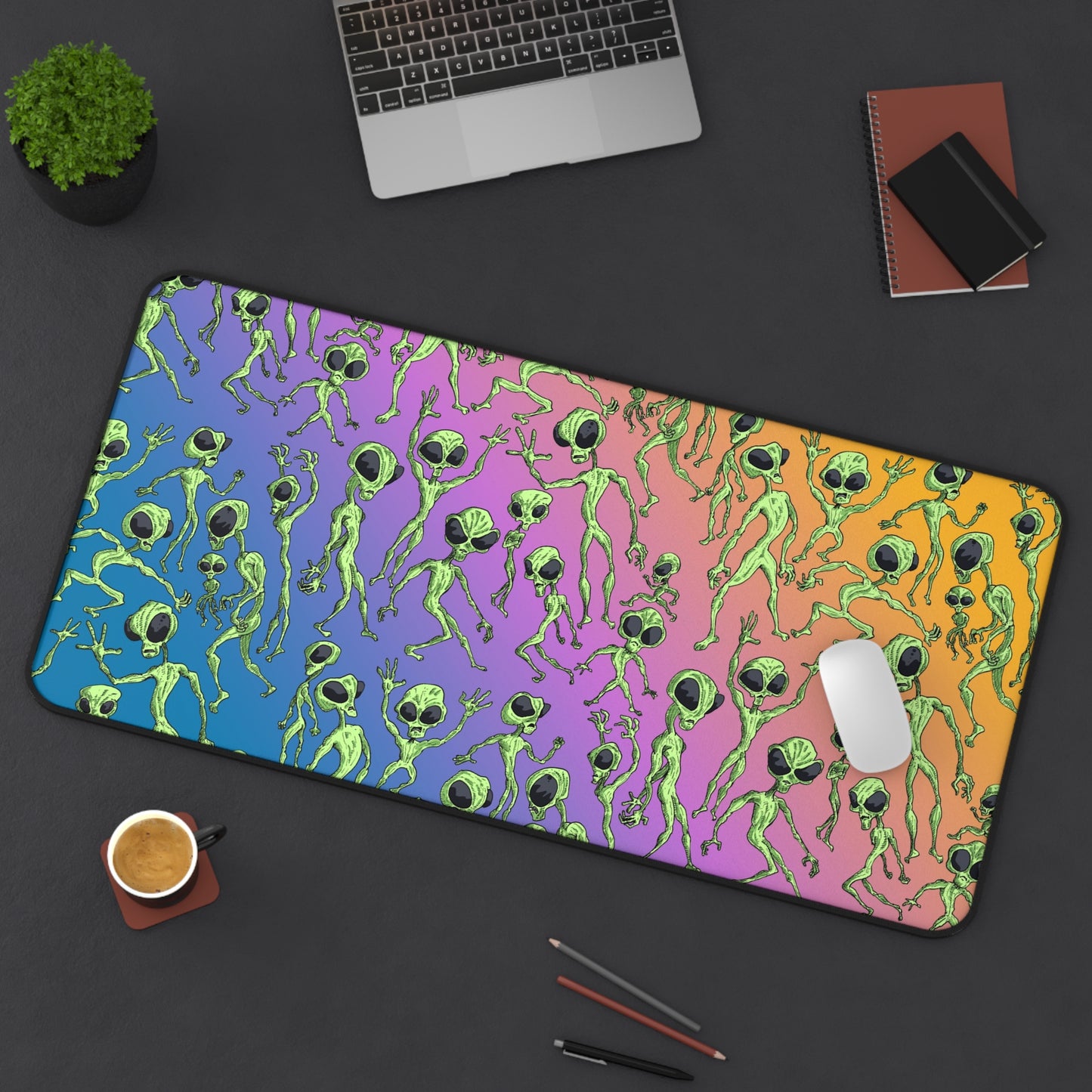 Alien Dance Party Desk Mat — Colorful Retro Space Alien Mouse Pad