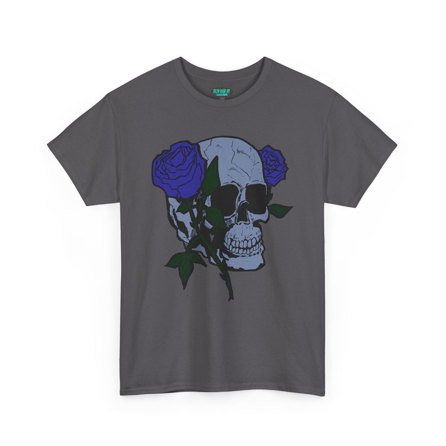 Unisex Heavy Cotton Tee with Skull and Rose Design - Edgy Streetwear Top
