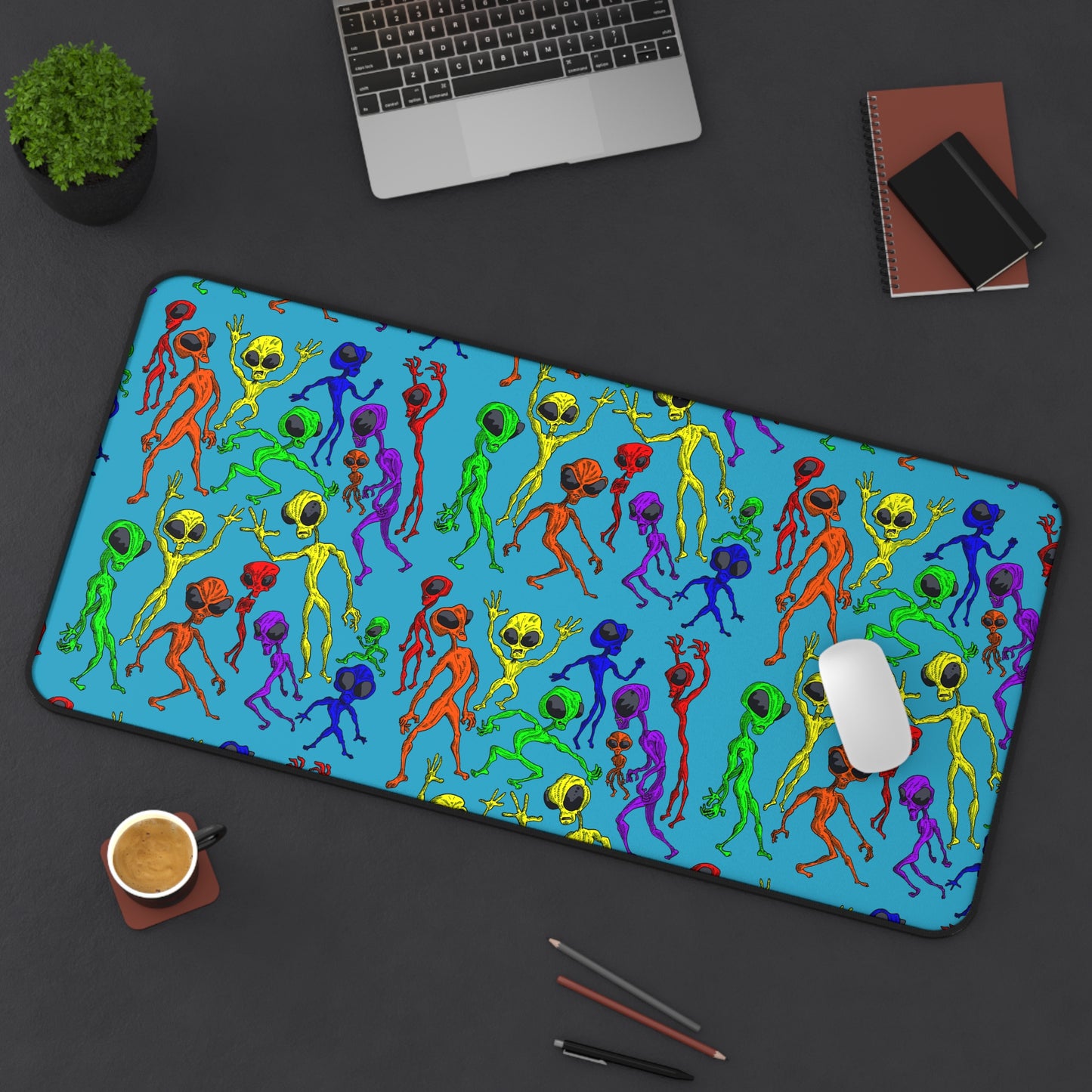 Desk Mat - Alien Dance Party Science Fiction Sci-Fi Rainbow Colors Tropical Blue Background