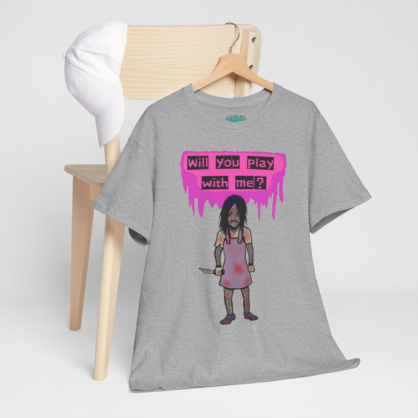 Playful Evil Doll Horror Graphic Tee, Unisex Heavy Cotton Shirt, Casual Wear, Unique Gift, Halloween Costume, Quirky Fashion