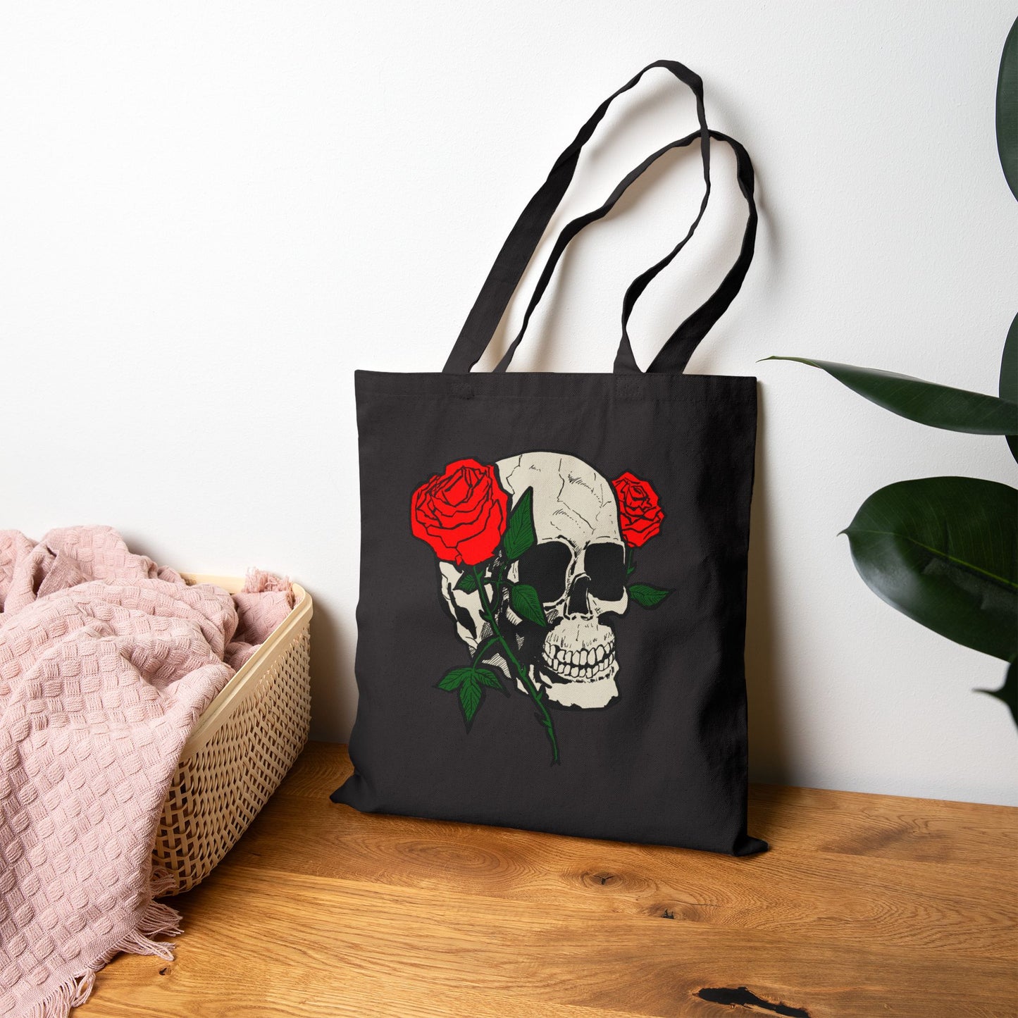 Skull & Roses Canvas Tote Bag — Gothic Floral Reusable Shopper