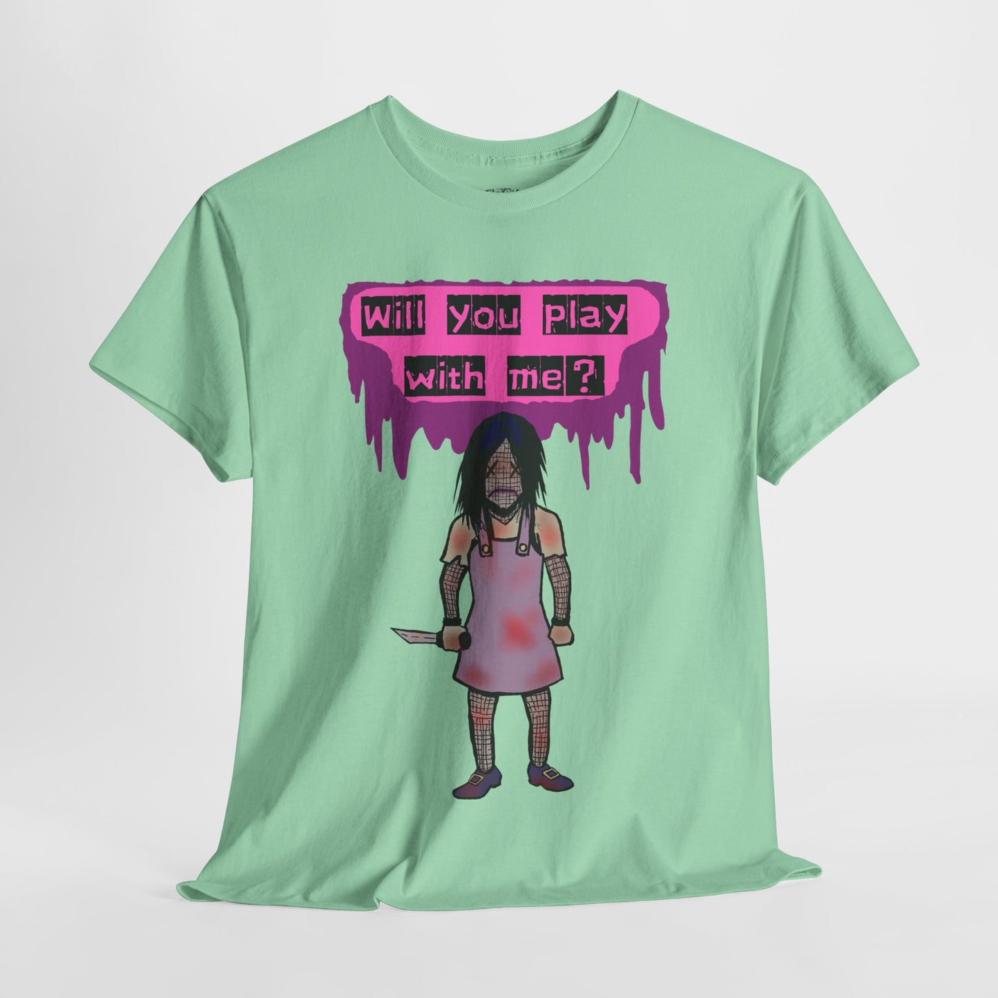 Chilling Evil Doll Horror Tee, Horror T-Shirt, Grey Tee, Unique Graphic Tee, Unisex Tee, Playful Scary Top, Halloween Shirt