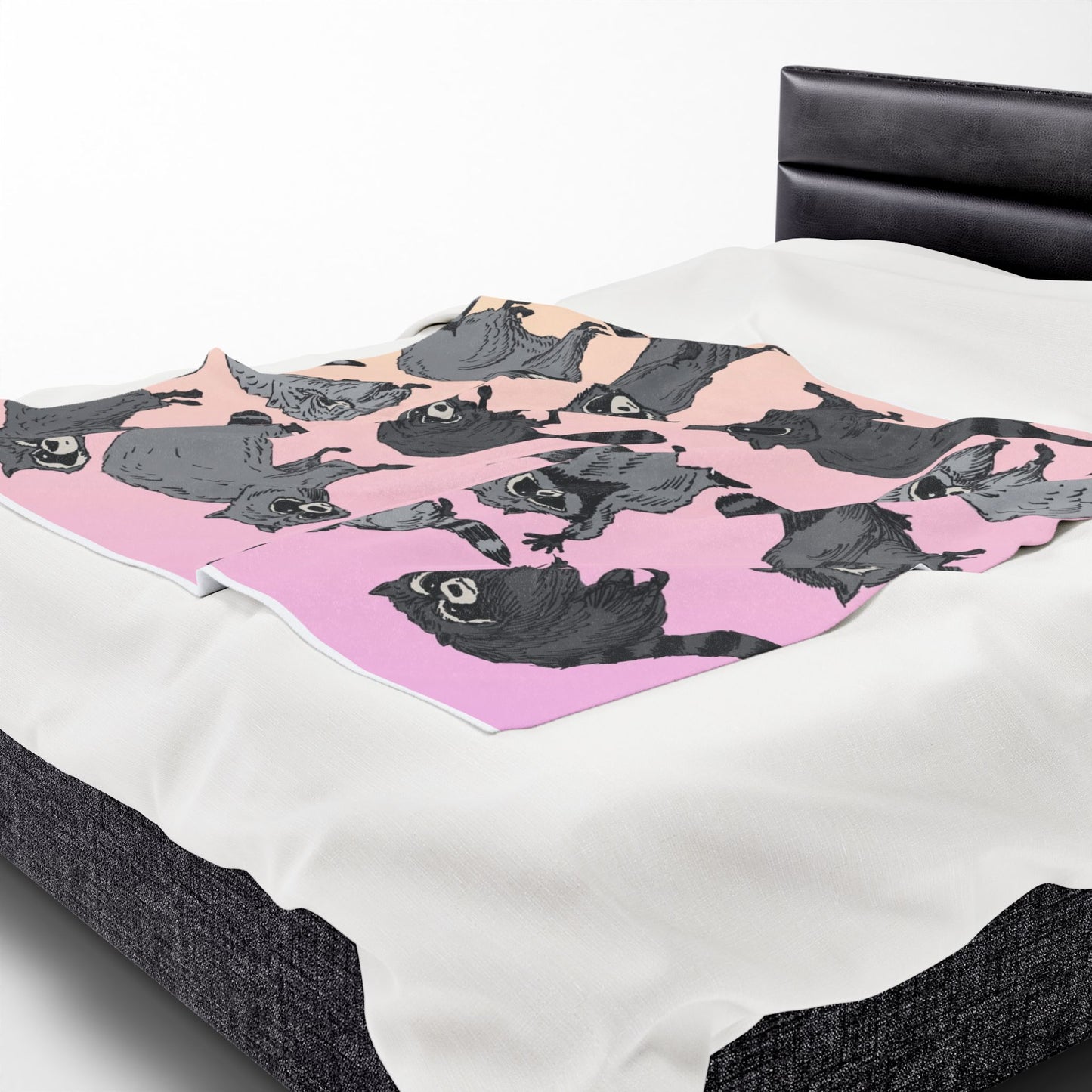 Raccoon Pattern Velveteen Plush Blanket — Soft Pink Ombre Cozy Throw for Animal Lovers