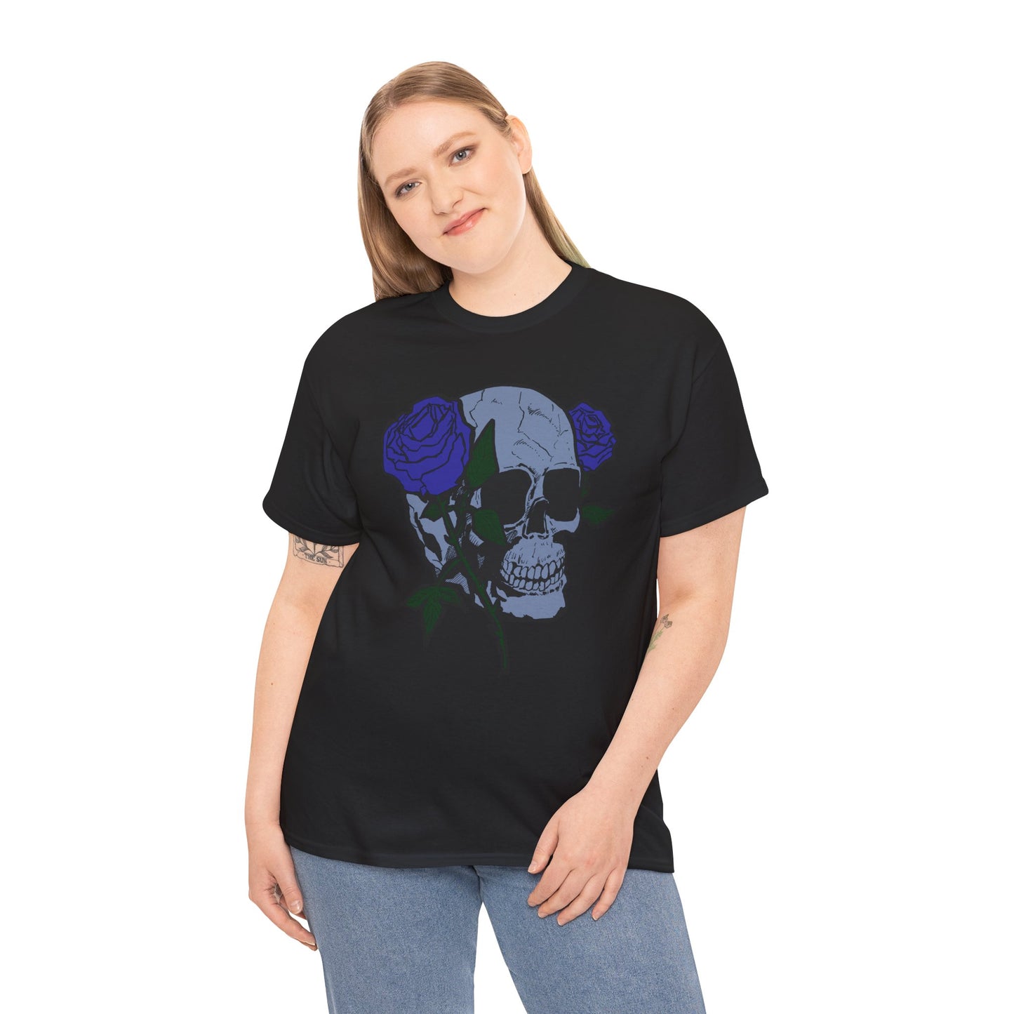Unisex Heavy Cotton Tee with Skull and Rose Design - Edgy Streetwear Top